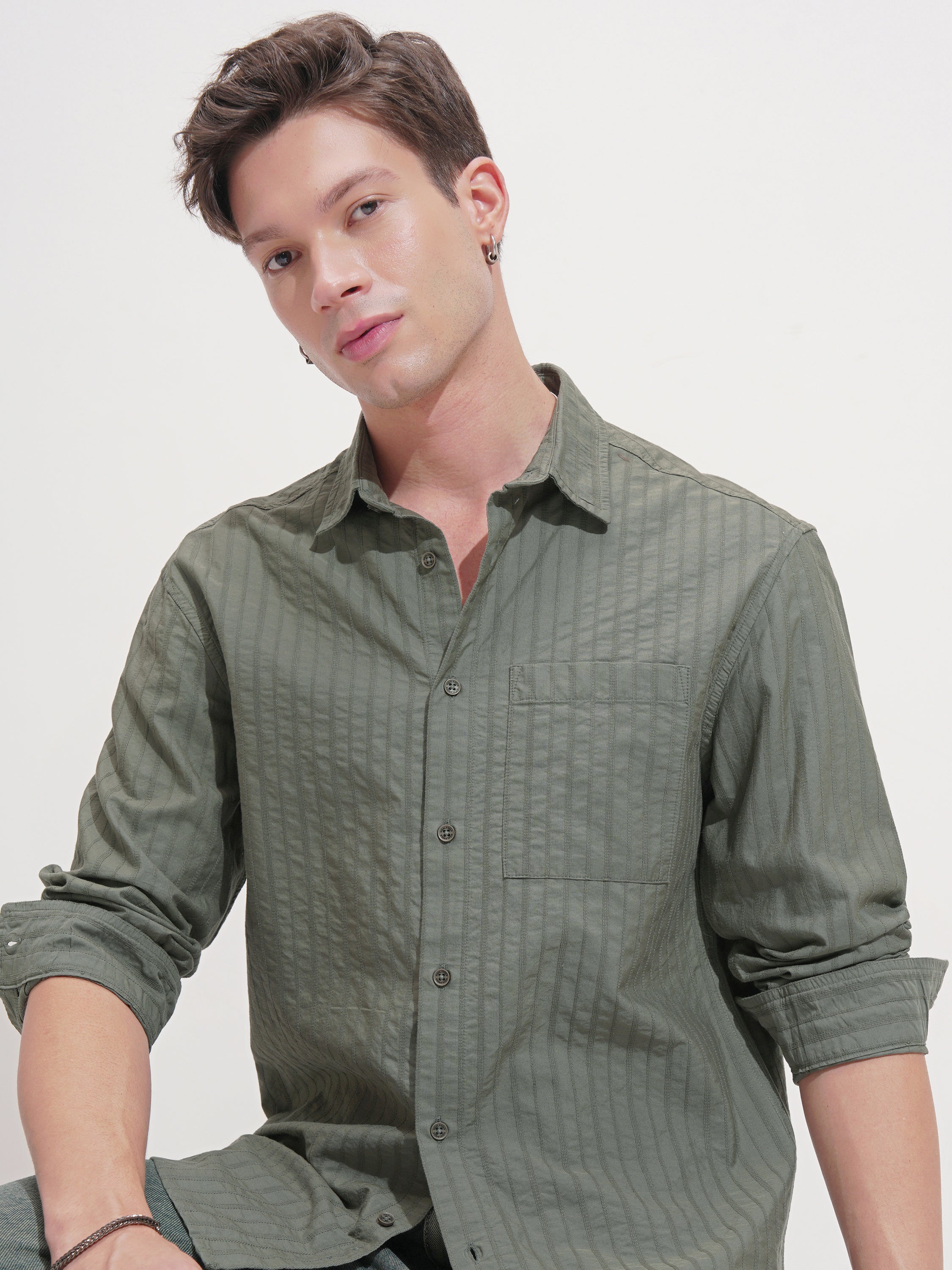 Highlander Men Olive Striped Relaxed Fit Casual Shirt - Olive - Image 1