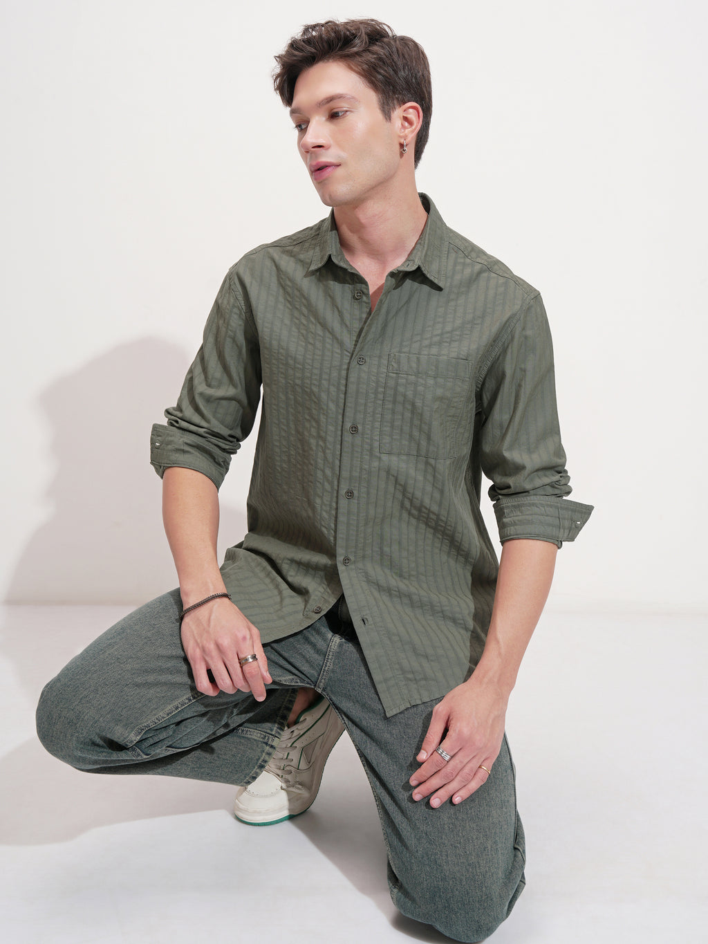 Highlander Men Olive Striped Relaxed Fit Casual Shirt - Olive - Image 2