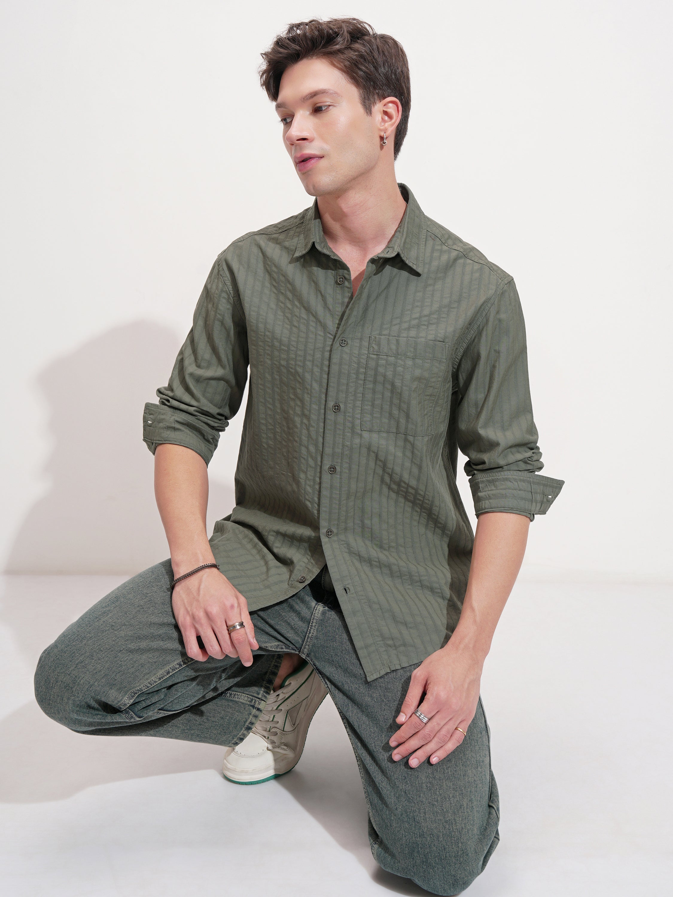Highlander Men Olive Striped Relaxed Fit Casual Shirt - Olive - Image 2