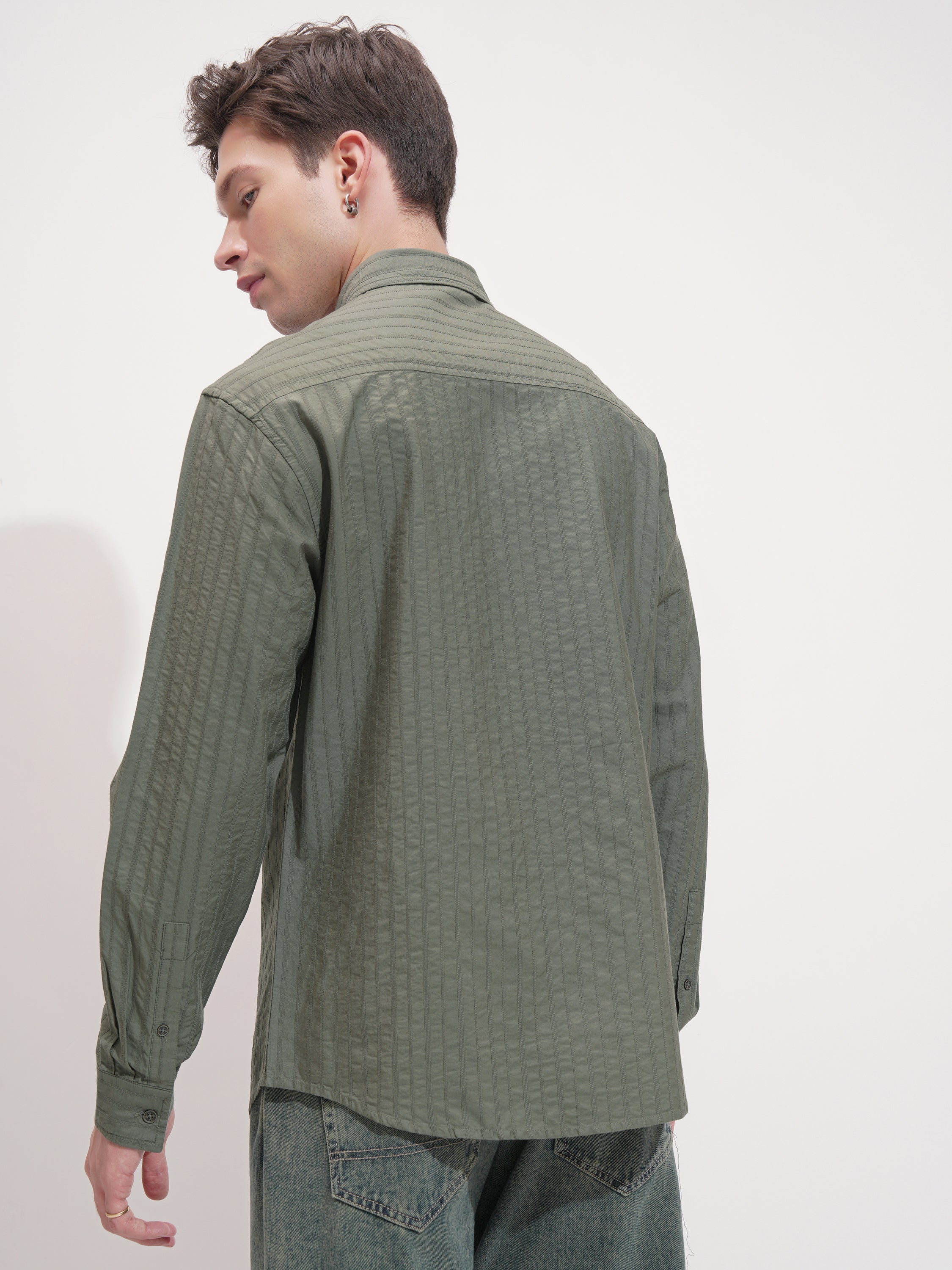 Highlander Men Olive Striped Relaxed Fit Casual Shirt - Olive - Image 3