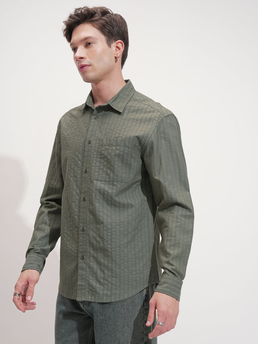 Highlander Men Olive Striped Relaxed Fit Casual Shirt - Olive - Image 4