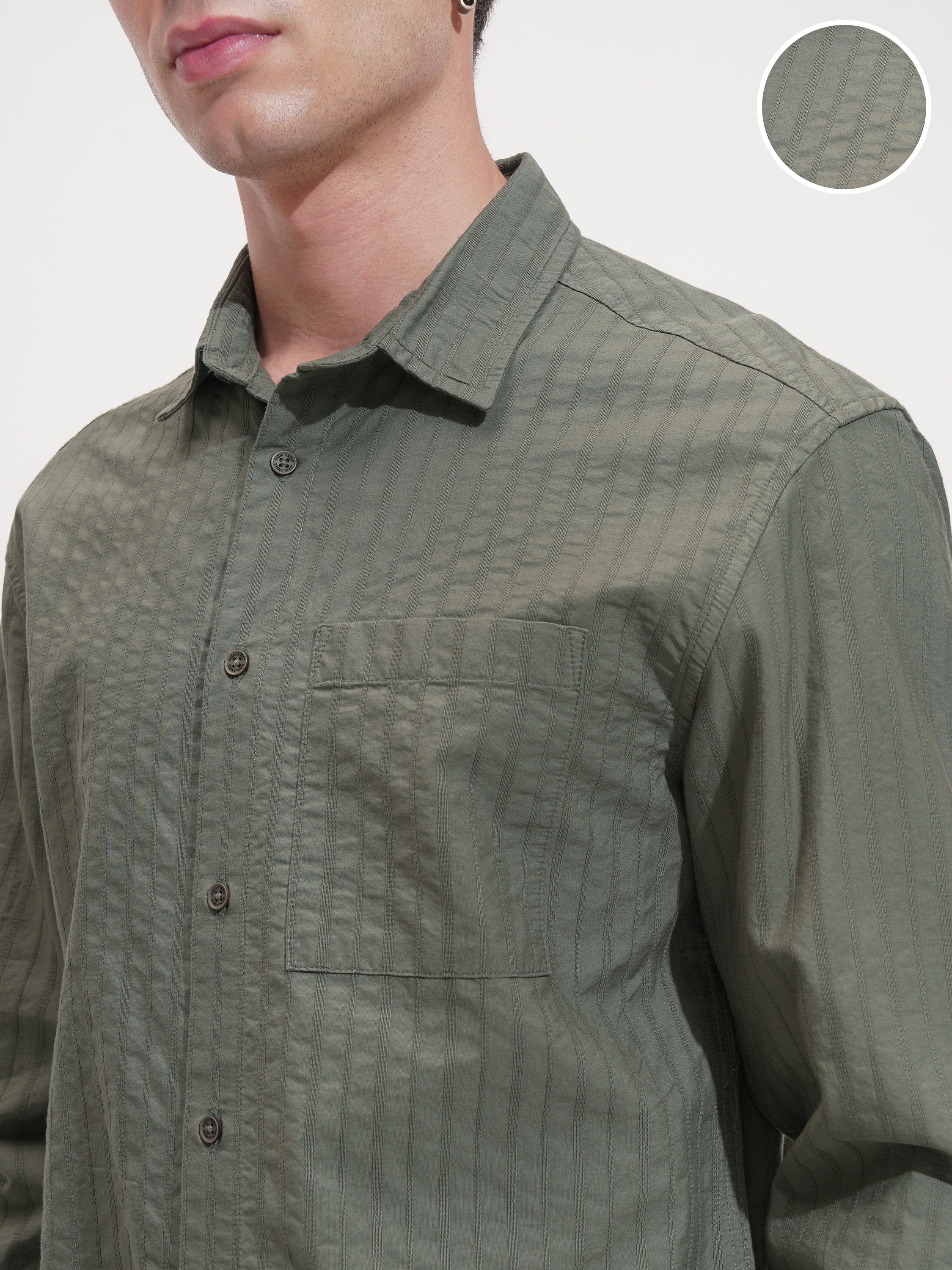 Highlander Men Olive Striped Relaxed Fit Casual Shirt - Olive - Image 5