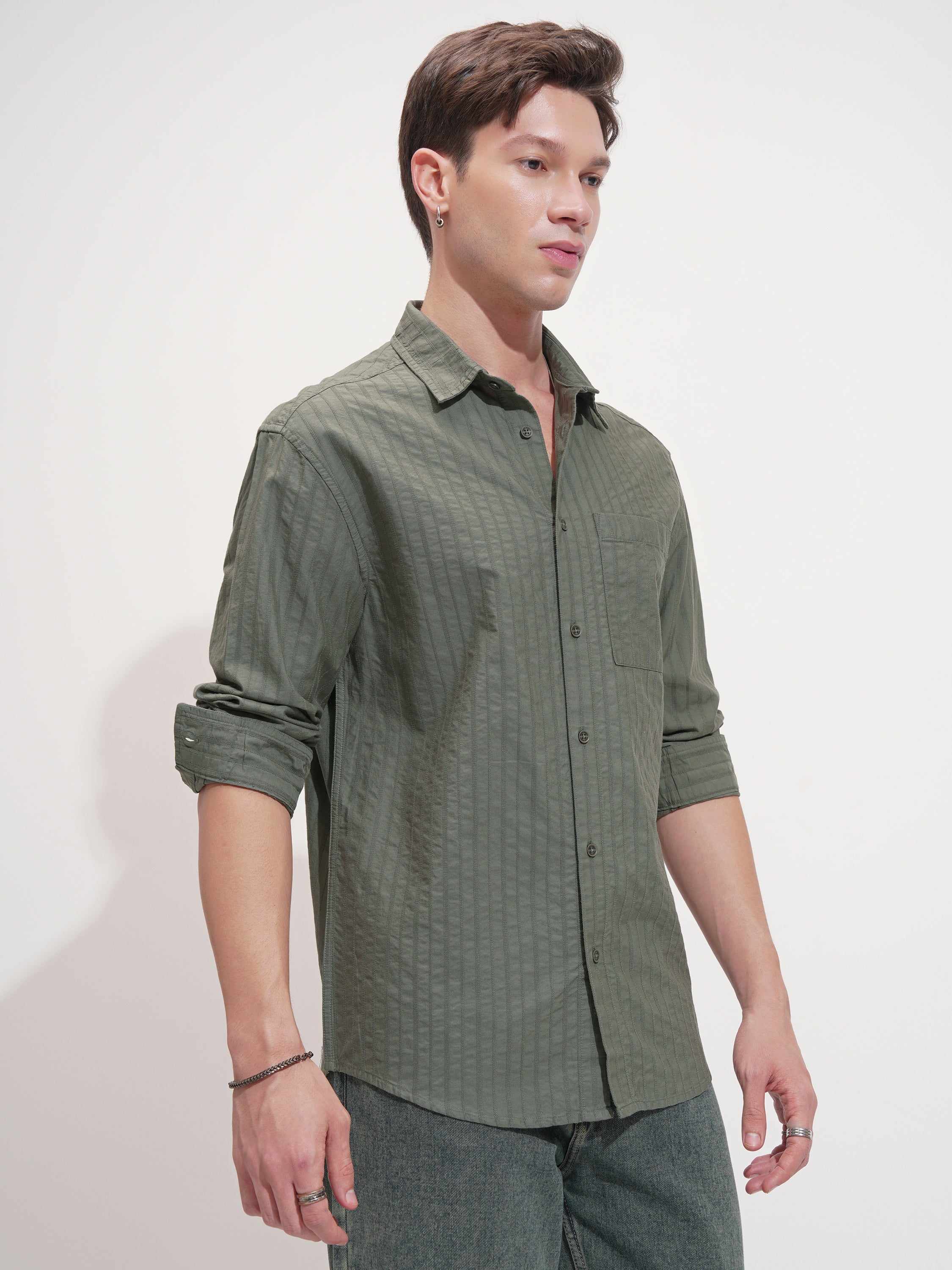 Highlander Men Olive Striped Relaxed Fit Casual Shirt - Olive - Image 6