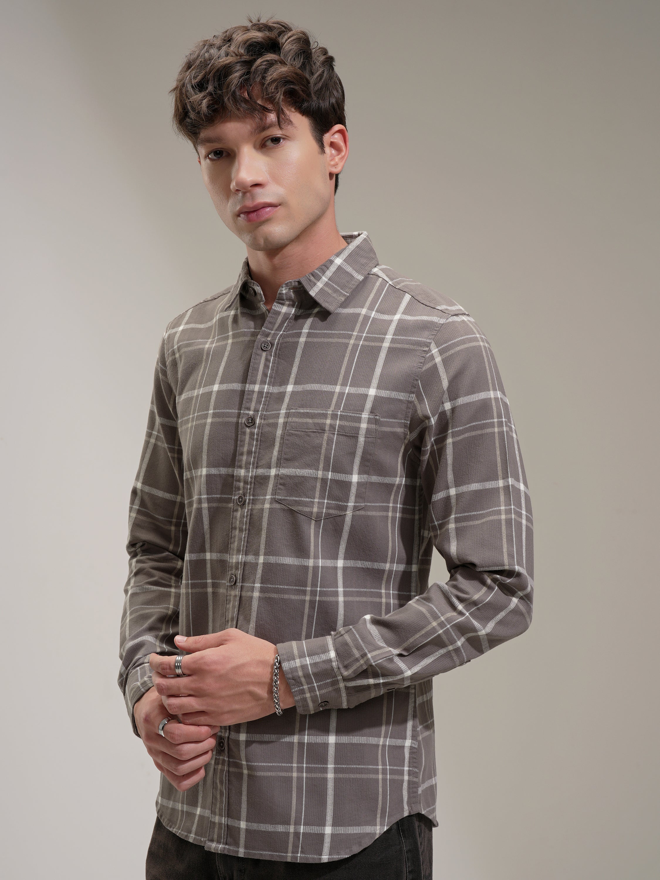 Highlander Men Brown Checked Slim Fit Casual Shirt - Brown - Image 4