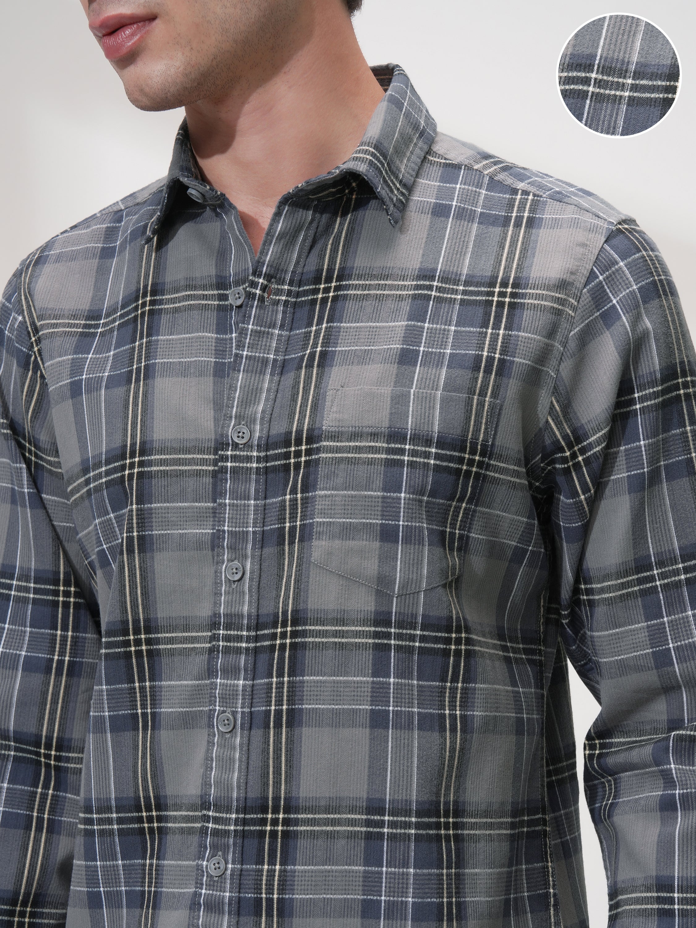 Highlander Men Grey Checked Slim Fit Casual Shirt - Grey - Image 5