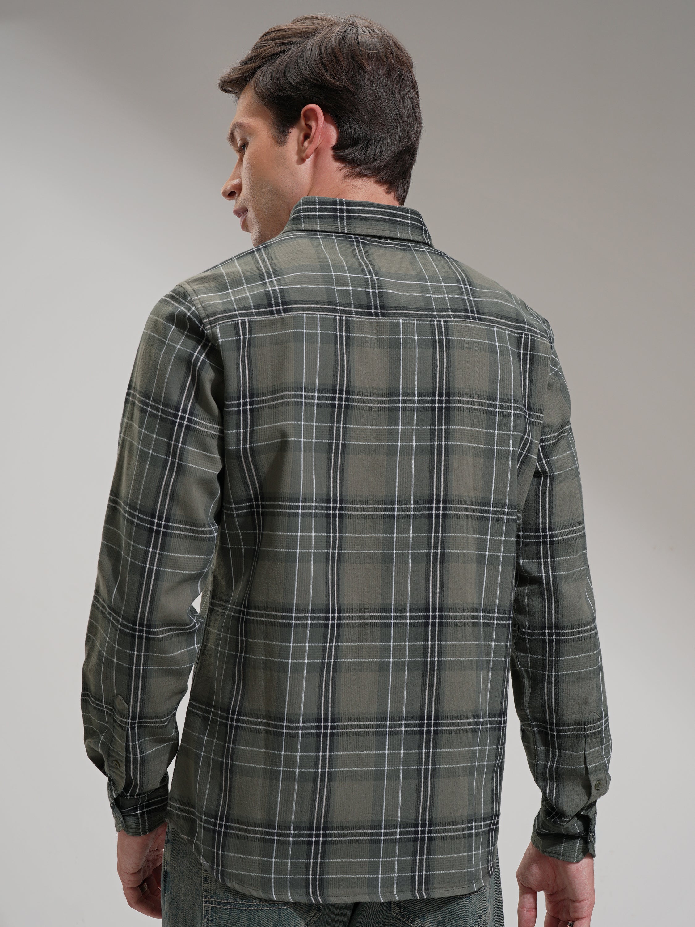 Highlander Men Olive Checked Slim Fit Casual Shirt - Olive - Image 3