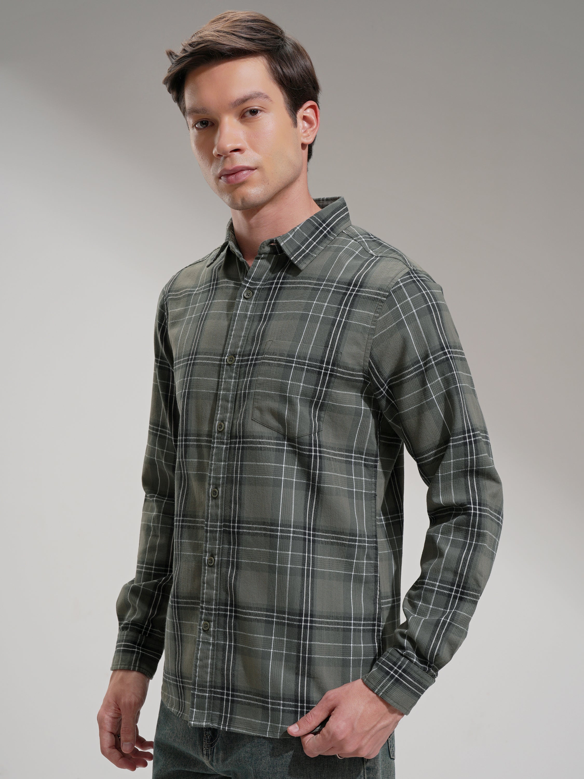 Highlander Men Olive Checked Slim Fit Casual Shirt - Olive - Image 4