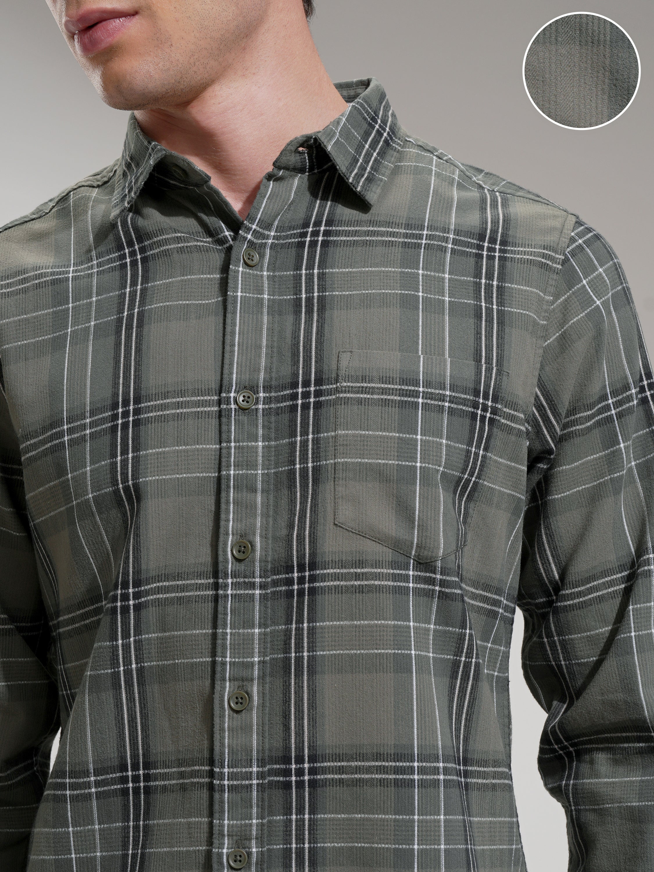Highlander Men Olive Checked Slim Fit Casual Shirt - Olive - Image 5
