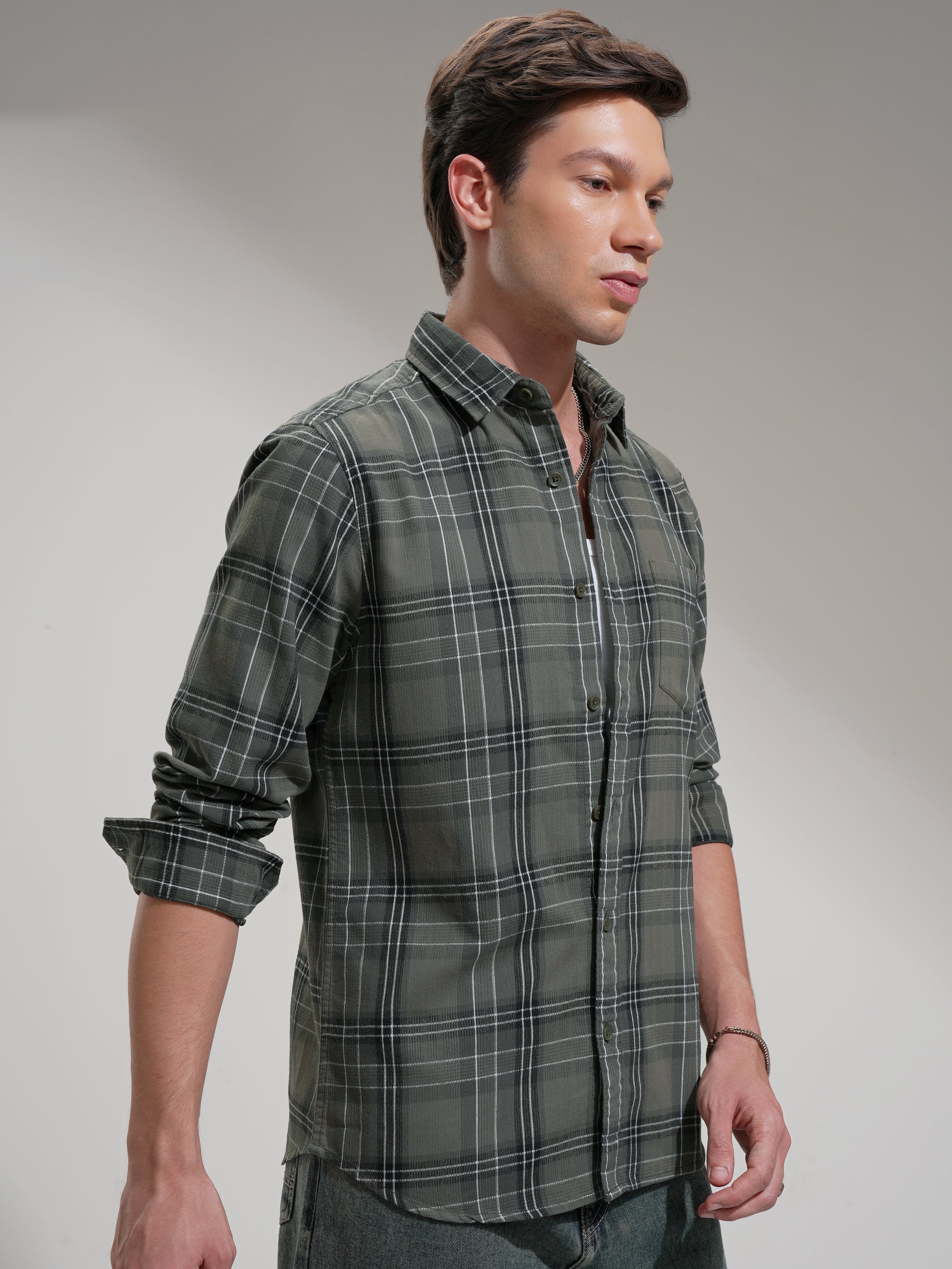 Highlander Men Olive Checked Slim Fit Casual Shirt - Olive - Image 6