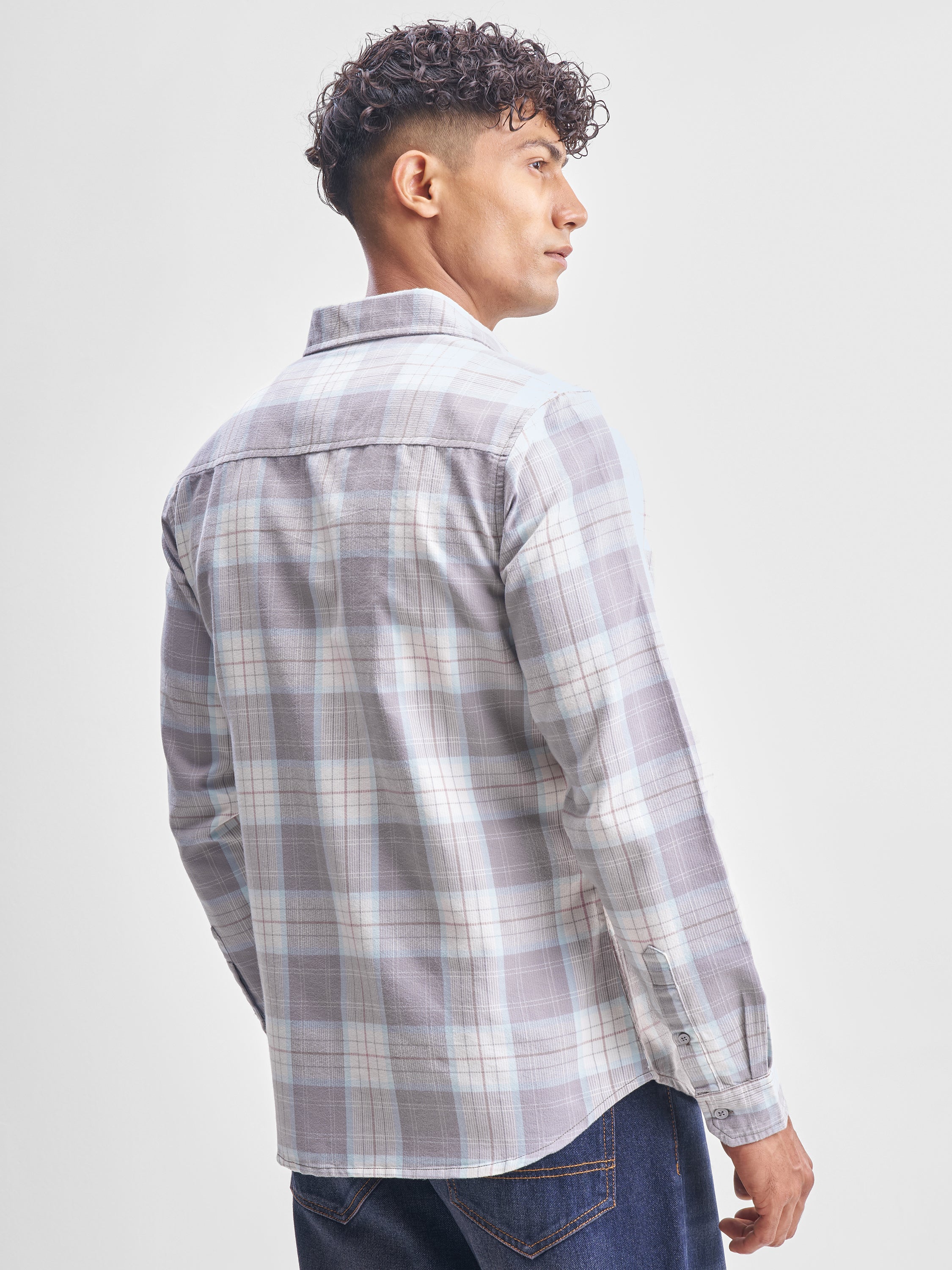 Highlander Men Grey Checked Slim Fit Casual Shirt - Grey - Image 3