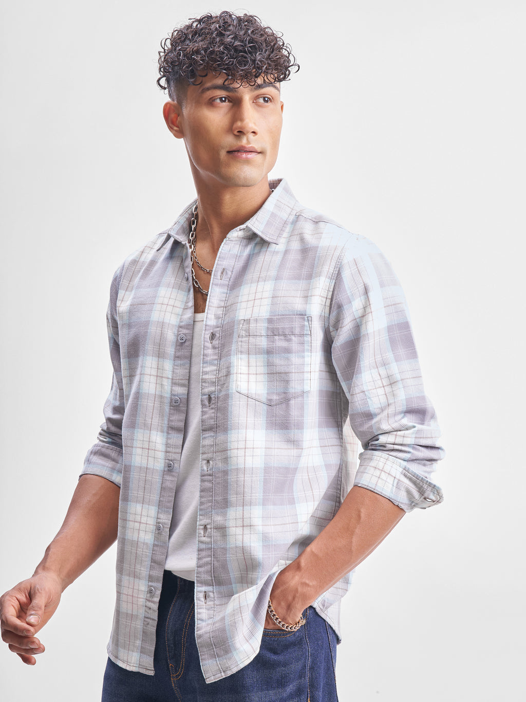 Highlander Men Grey Checked Slim Fit Casual Shirt - Grey - Image 4