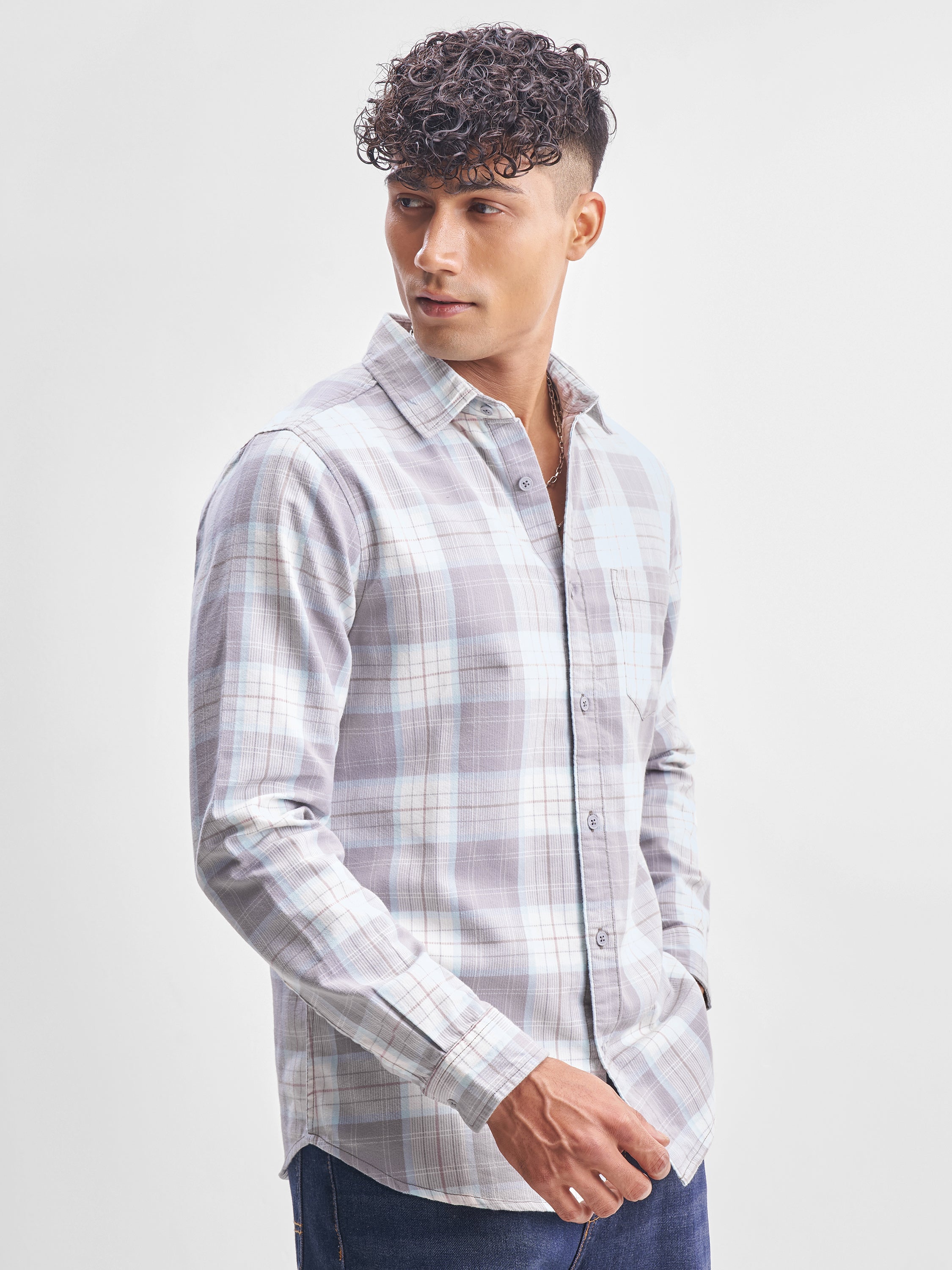 Highlander Men Grey Checked Slim Fit Casual Shirt - Grey - Image 6