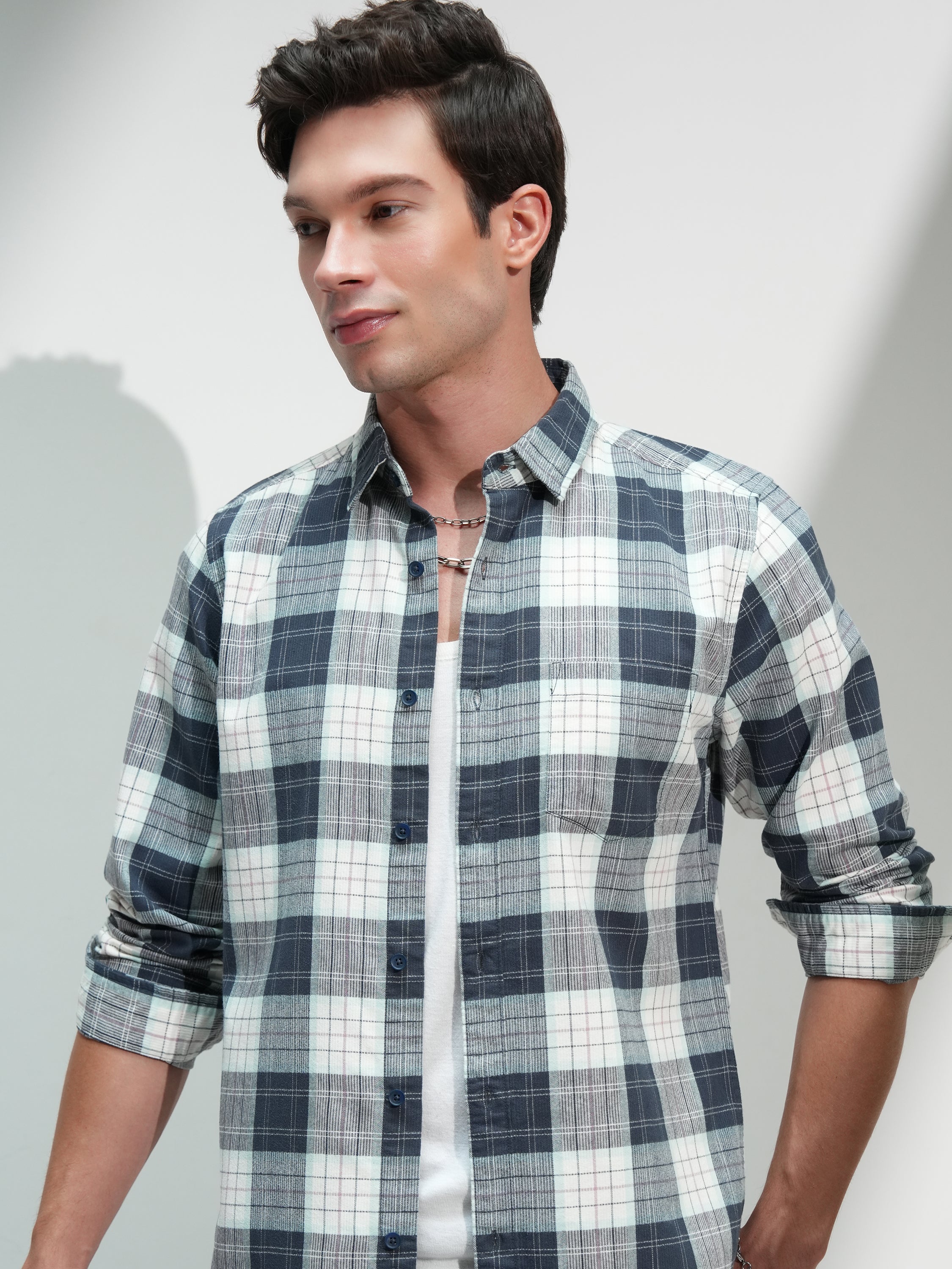 Highlander Men Blue Checked Slim Fit Casual Shirt - Blue - Image 1