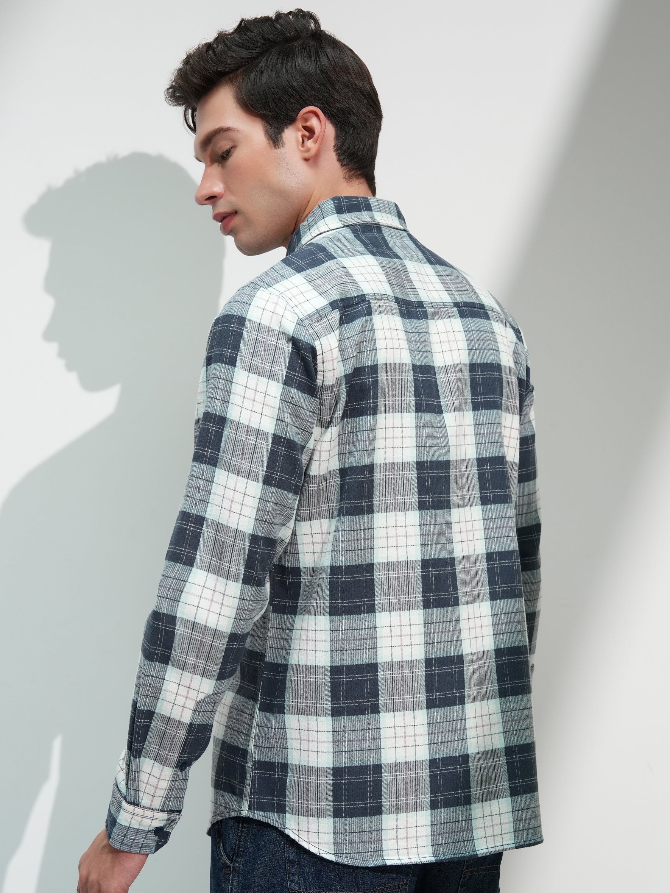 Highlander Men Blue Checked Slim Fit Casual Shirt - Blue - Image 3