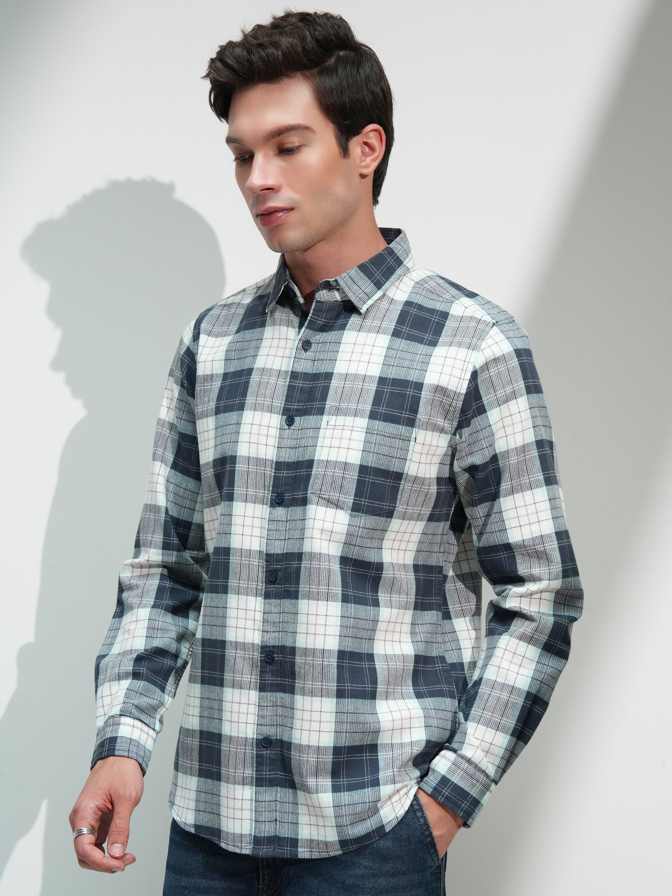 Highlander Men Blue Checked Slim Fit Casual Shirt - Blue - Image 4