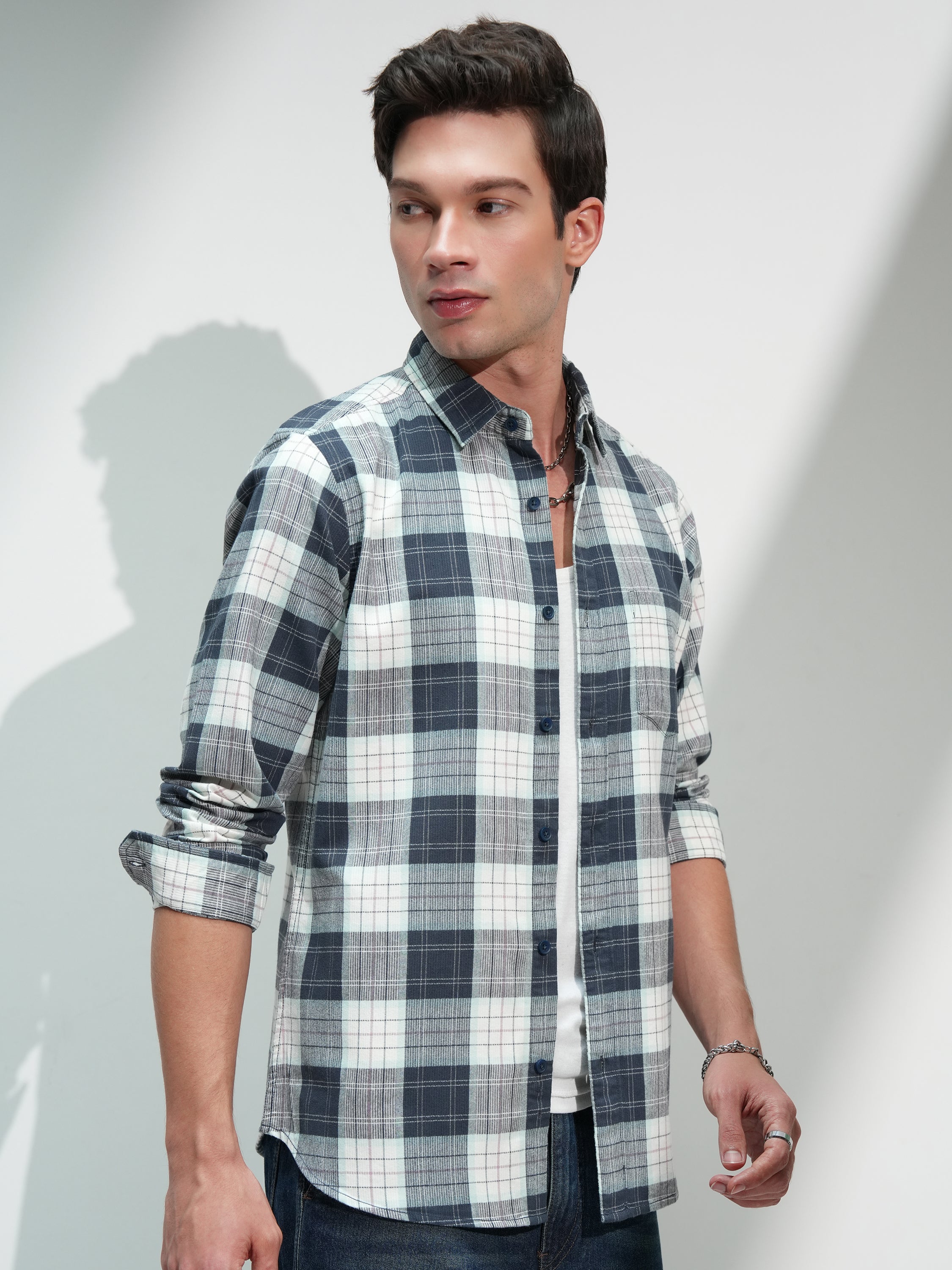 Highlander Men Blue Checked Slim Fit Casual Shirt - Blue - Image 6