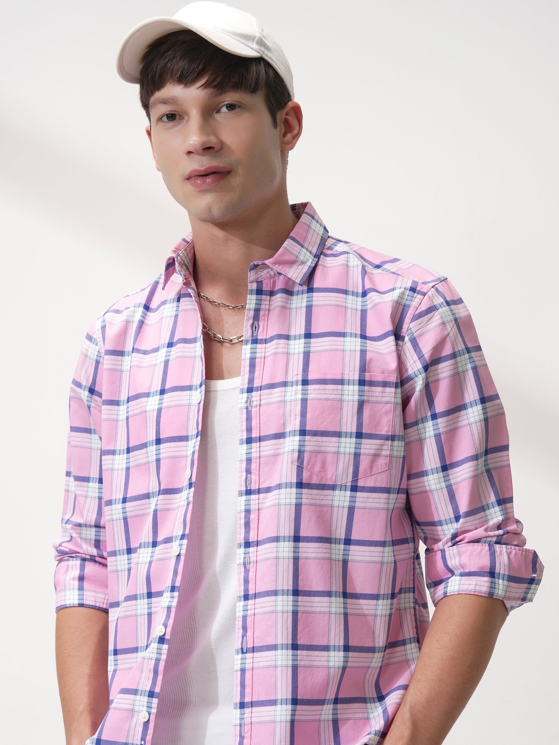 Highlander Men Pink Checked Slim Fit Casual Shirt - Pink - Image 1
