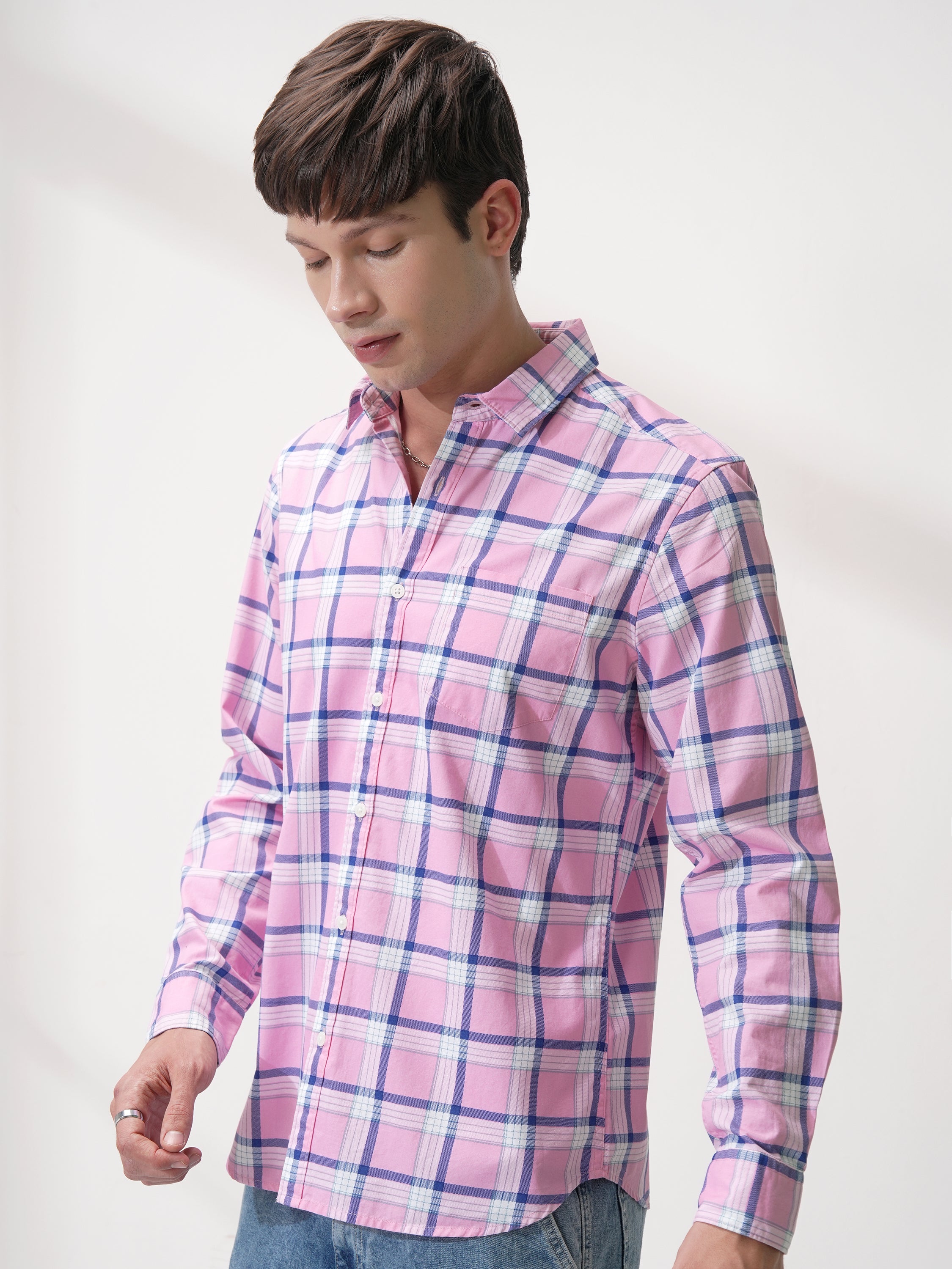 Highlander Men Pink Checked Slim Fit Casual Shirt - Pink - Image 4
