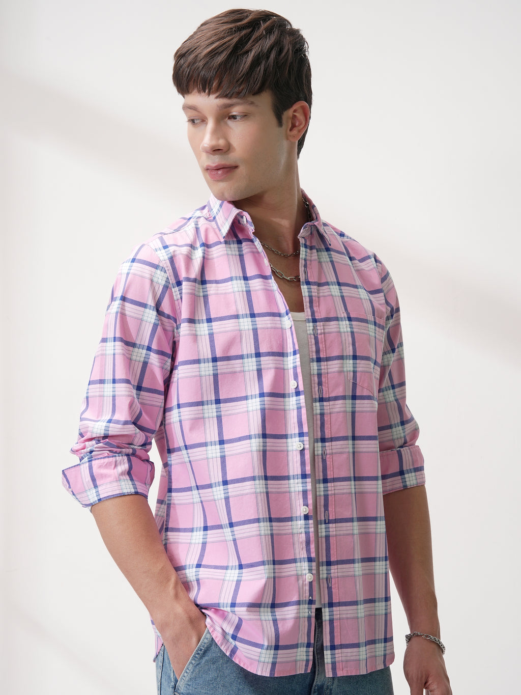 Highlander Men Pink Checked Slim Fit Casual Shirt - Pink - Image 6