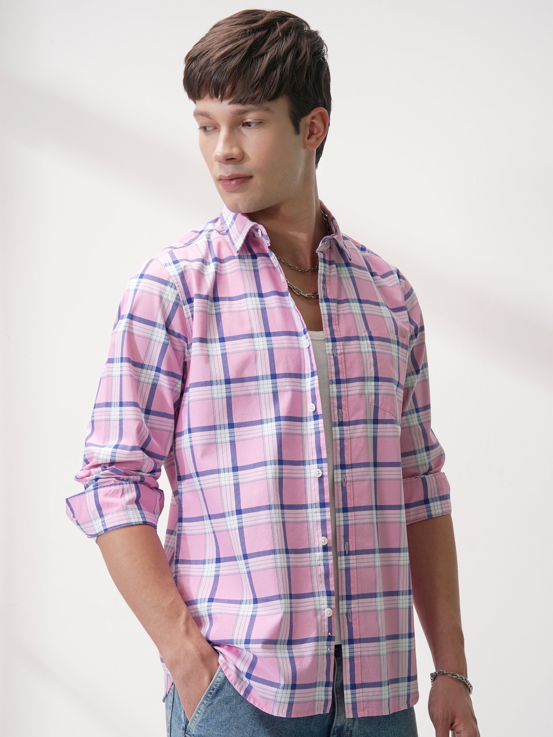 Highlander Men Pink Checked Slim Fit Casual Shirt - Pink - Image 6