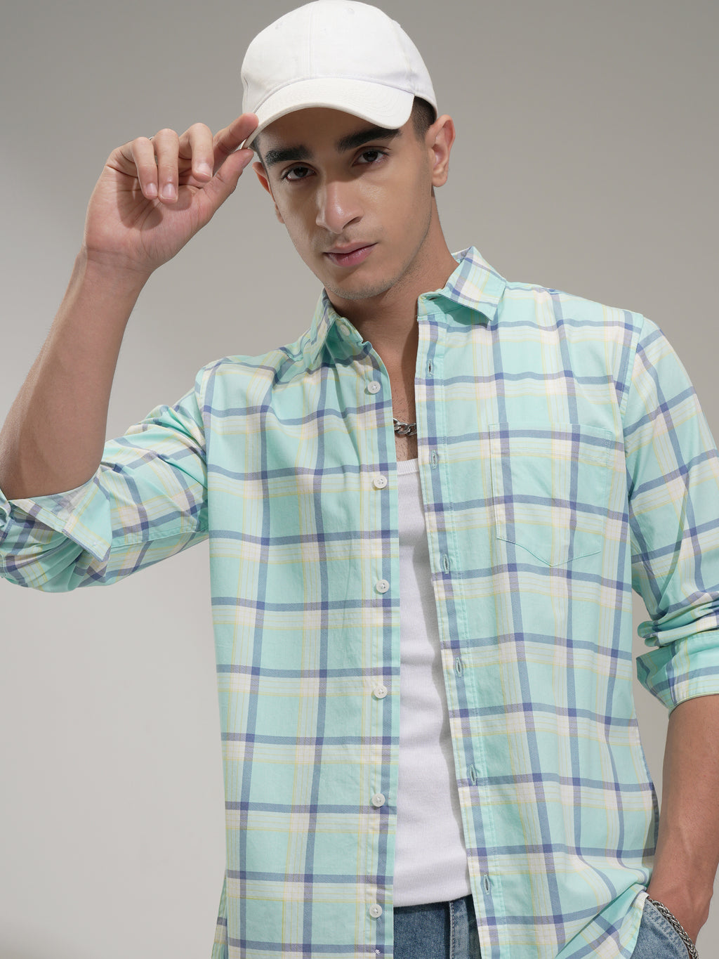 Highlander Men Teal Checked Slim Fit Casual Shirt - Teal - Image 1