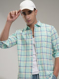 Highlander Men Teal Checked Slim Fit Casual Shirt - Teal - Image 1