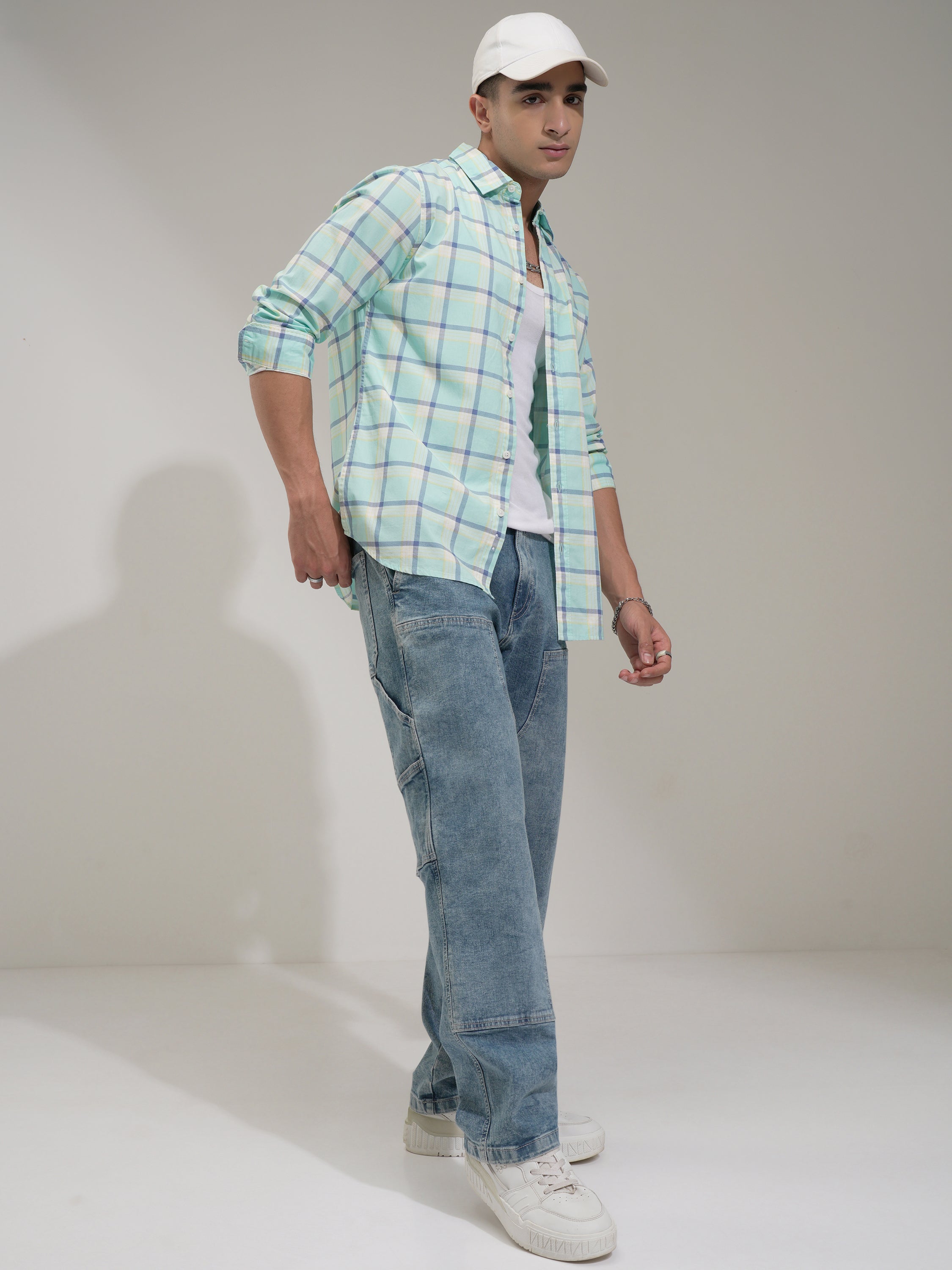 Highlander Men Teal Checked Slim Fit Casual Shirt - Teal - Image 2