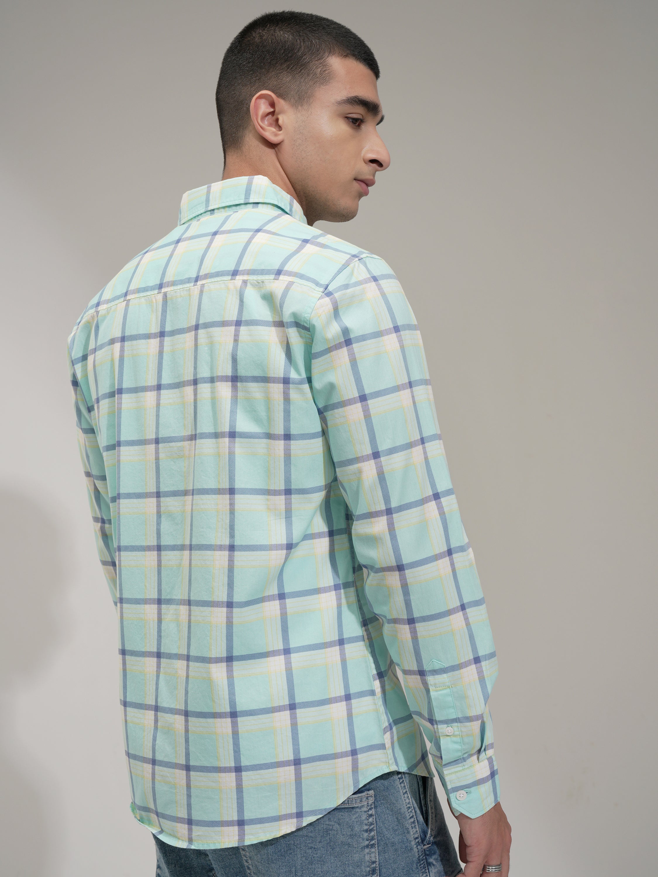 Highlander Men Teal Checked Slim Fit Casual Shirt - Teal - Image 3