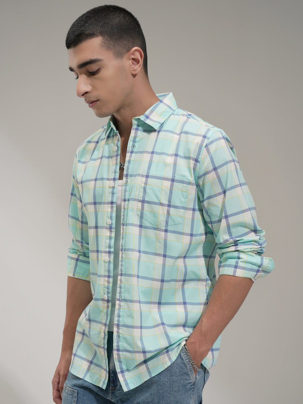 Highlander Men Teal Checked Slim Fit Casual Shirt - Teal - Image 4