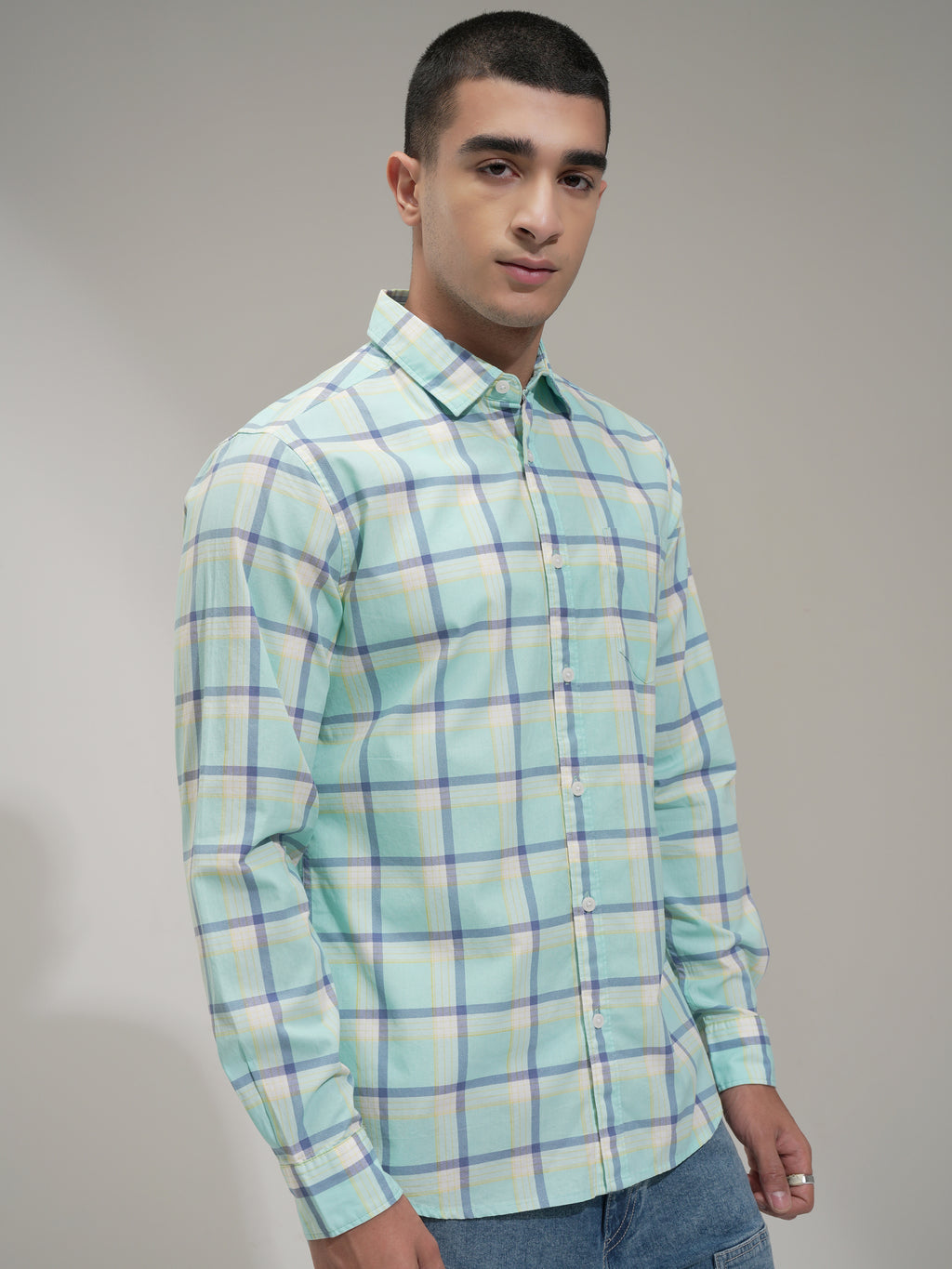 Highlander Men Teal Checked Slim Fit Casual Shirt - Teal - Image 6