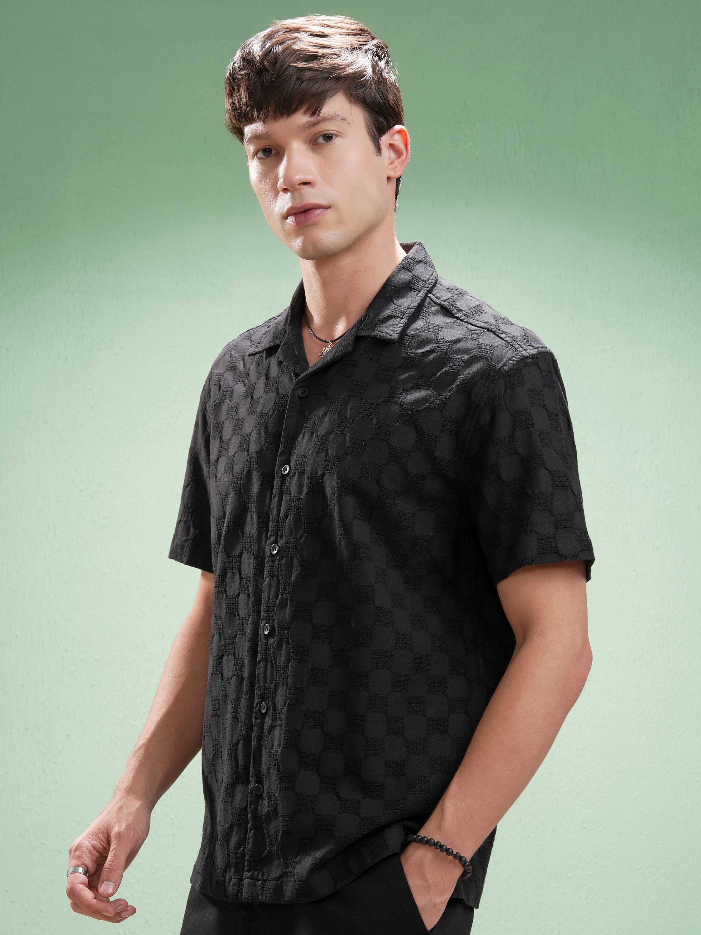 Highlander Men Black Self Design Relaxed Fit Casual Shirt - Black - Image 4