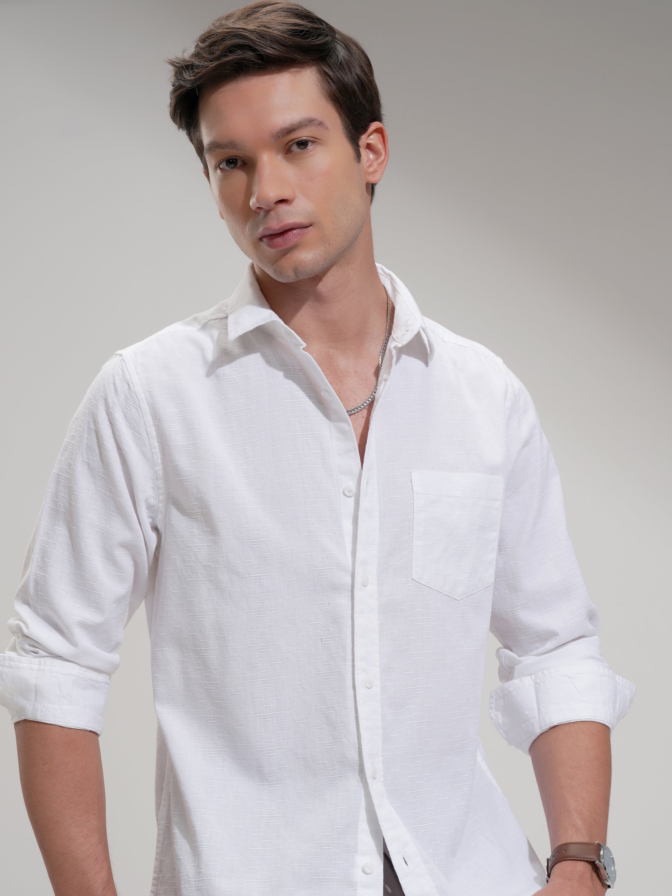 Highlander Men White Self Design Slim Fit Casual Shirt - White - Image 1