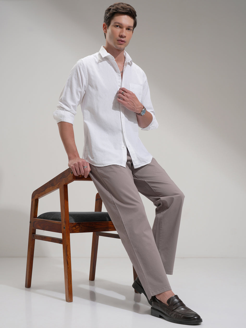 Highlander Men White Self Design Slim Fit Casual Shirt - White - Image 2
