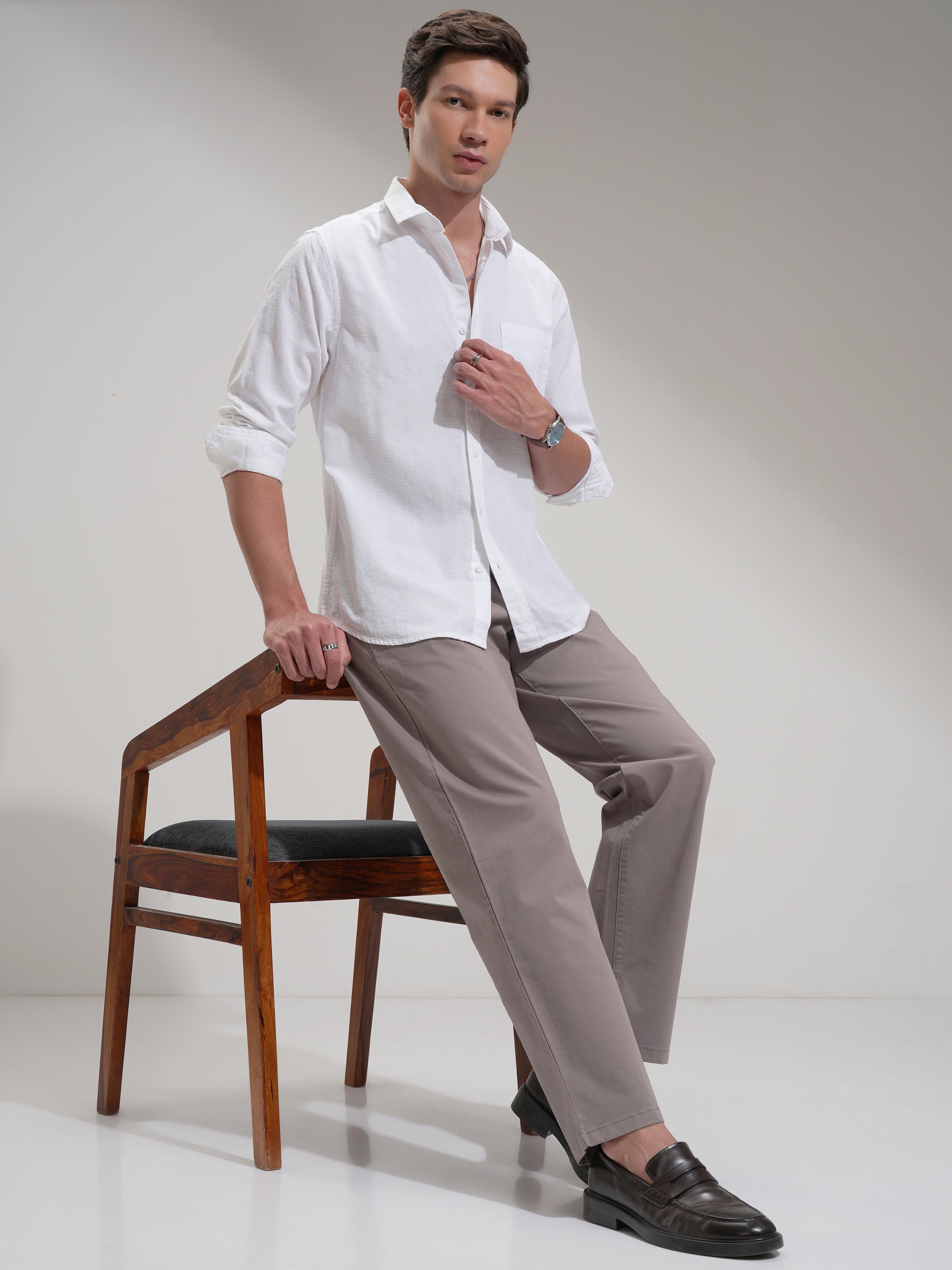 Highlander Men White Self Design Slim Fit Casual Shirt - White - Image 2
