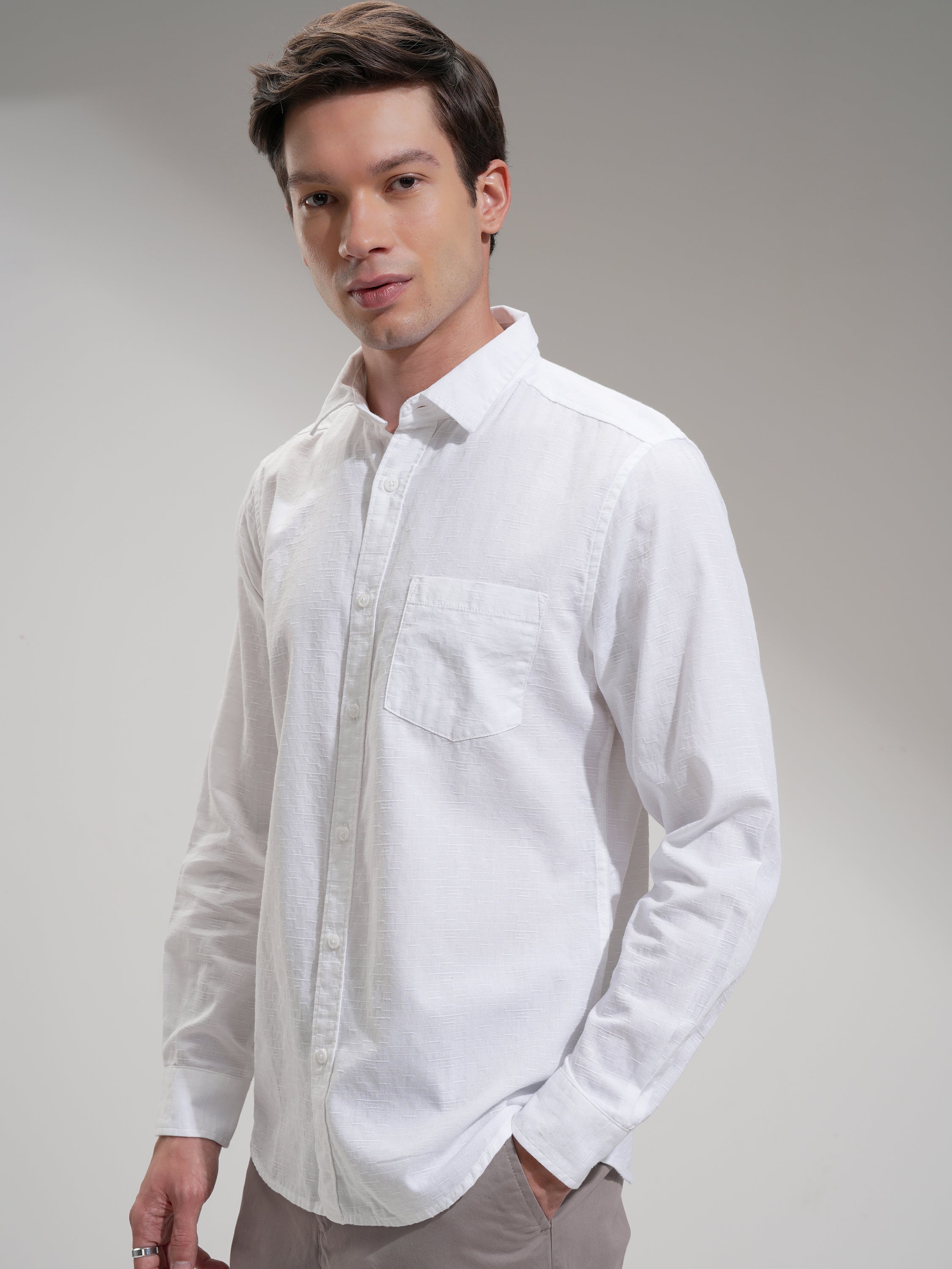 Highlander Men White Self Design Slim Fit Casual Shirt - White - Image 4