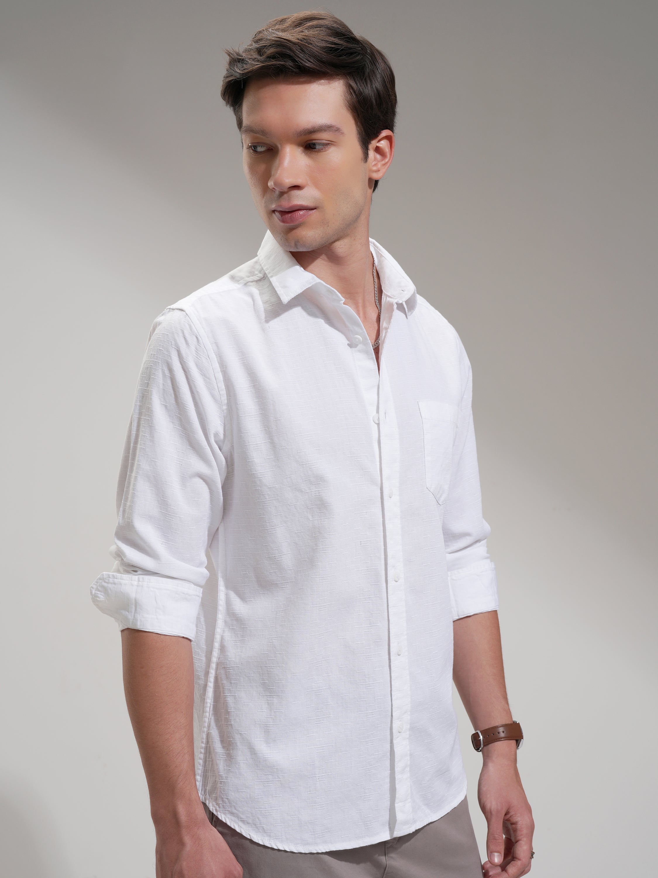 Highlander Men White Self Design Slim Fit Casual Shirt - White - Image 6