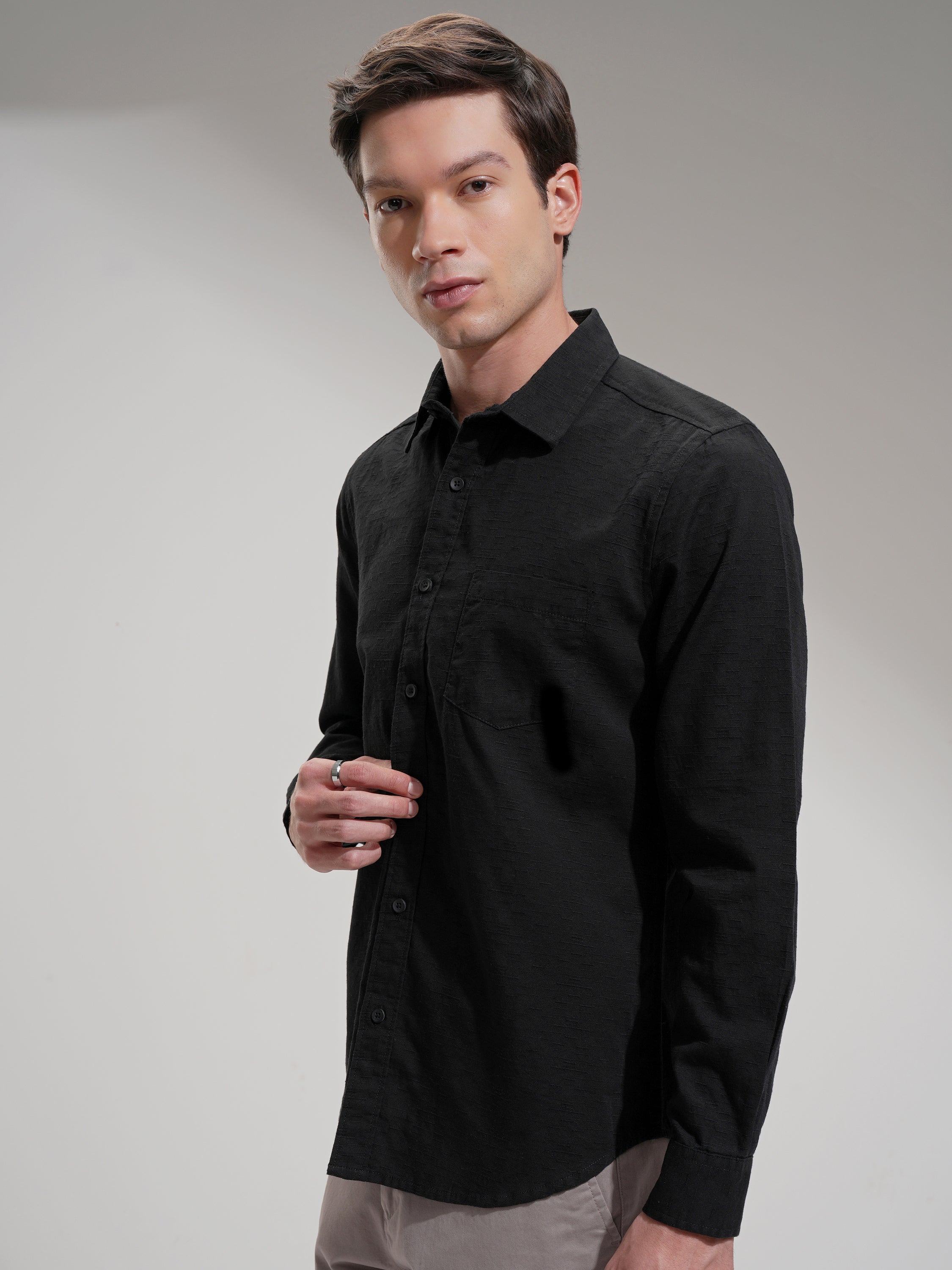 Highlander Men Black Self Design Slim Fit Casual Shirt - Black - Image 4