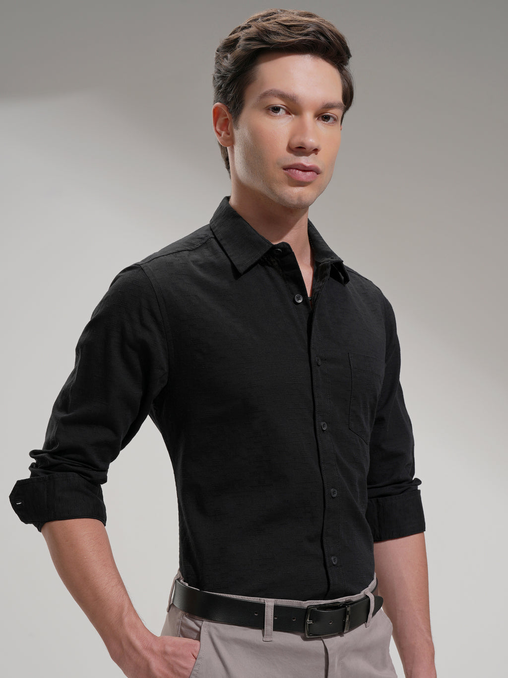 Highlander Men Black Self Design Slim Fit Casual Shirt - Black - Image 6