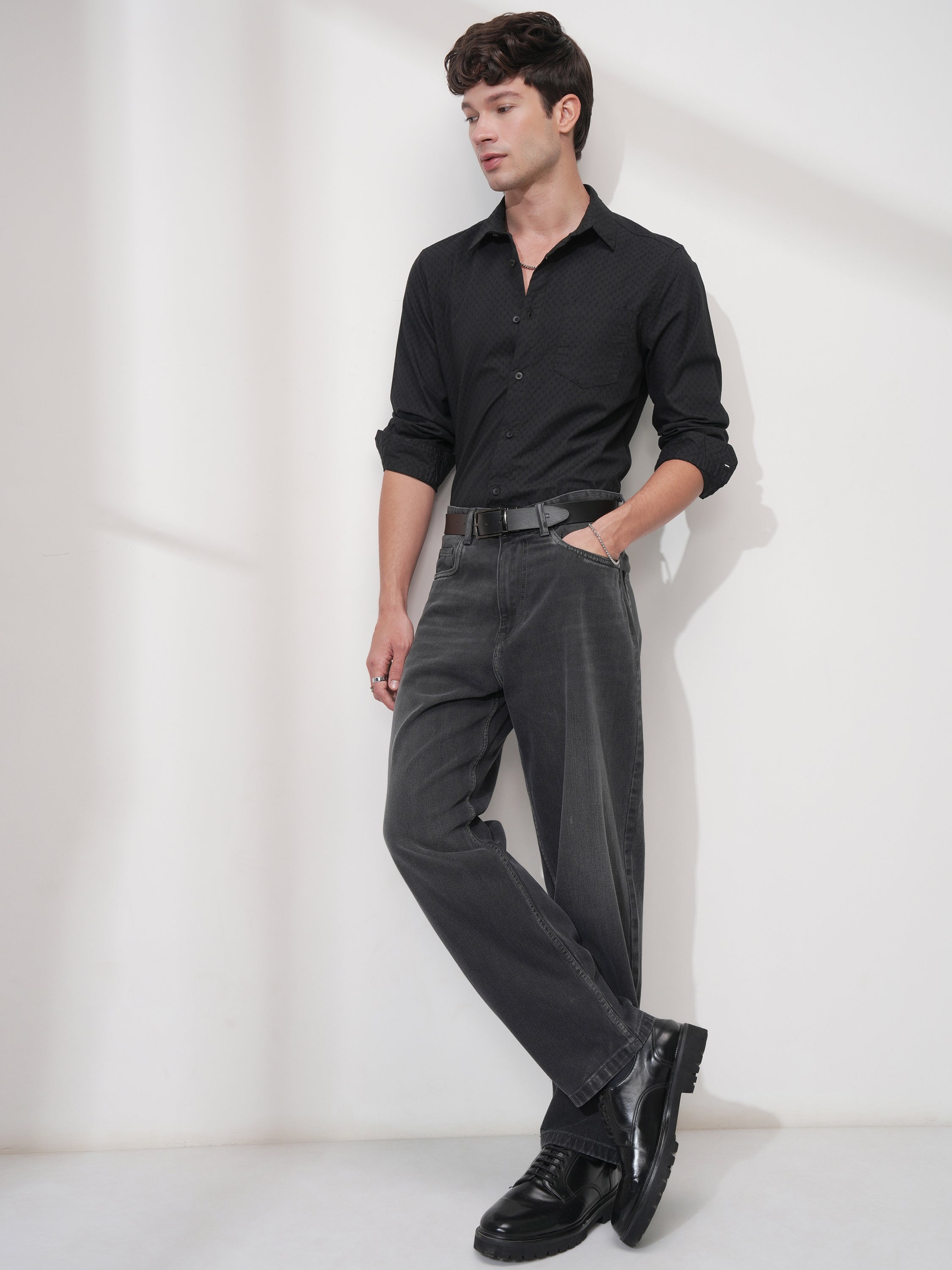Highlander Men Black Self Design Slim Fit Casual Shirt - Black - Image 2