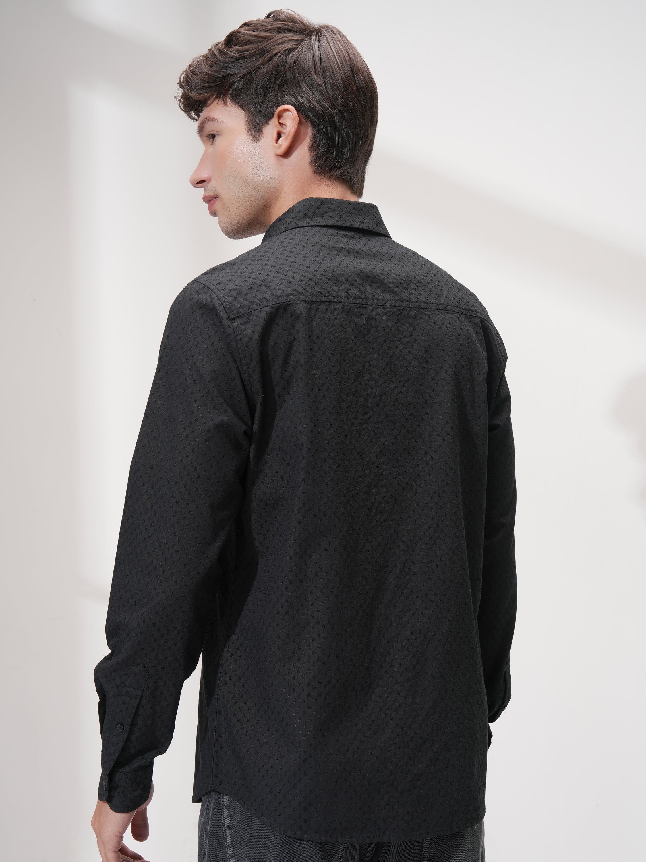 Highlander Men Black Self Design Slim Fit Casual Shirt - Black - Image 3