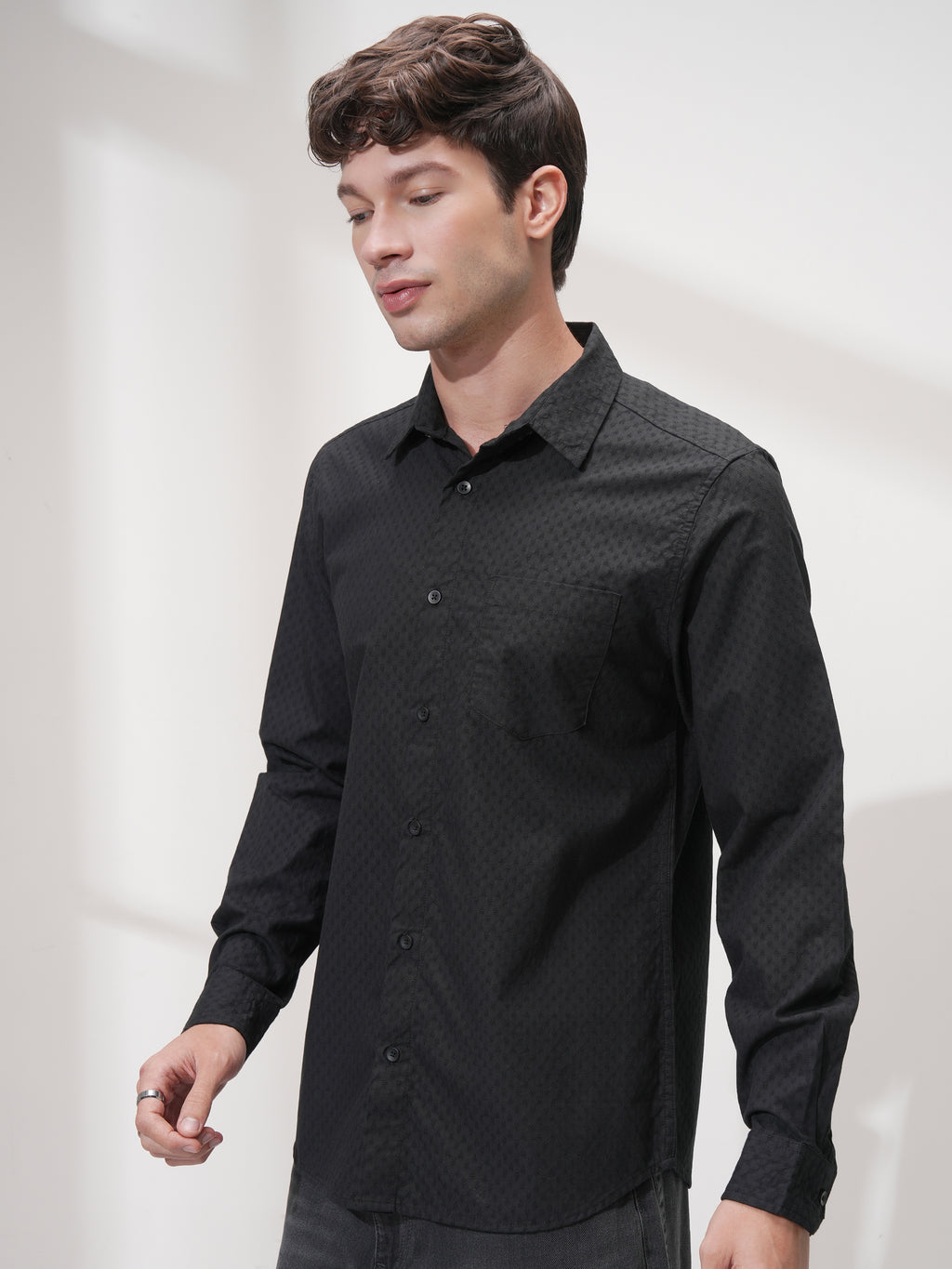 Highlander Men Black Self Design Slim Fit Casual Shirt - Black - Image 4