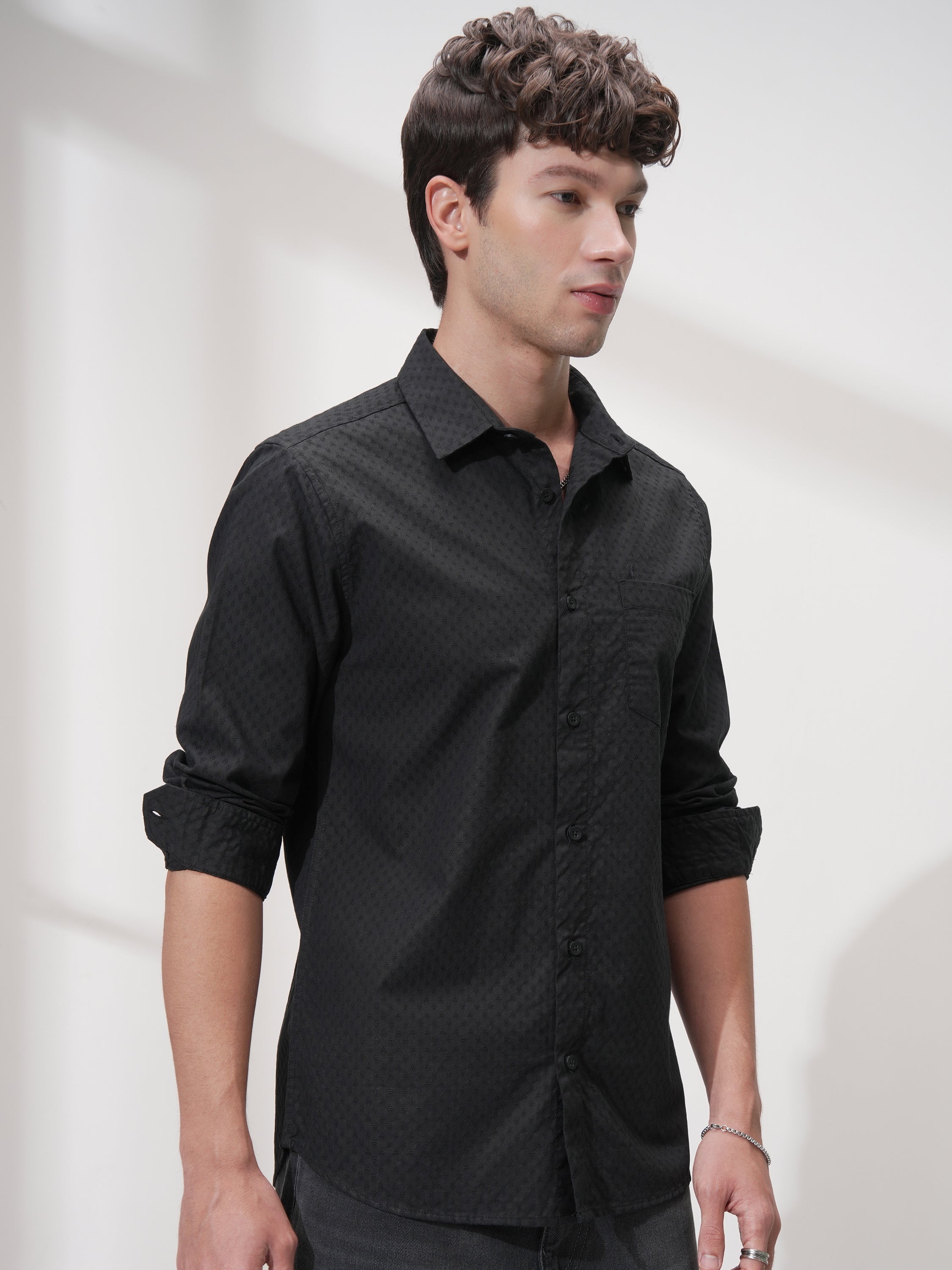 Highlander Men Black Self Design Slim Fit Casual Shirt - Black - Image 6