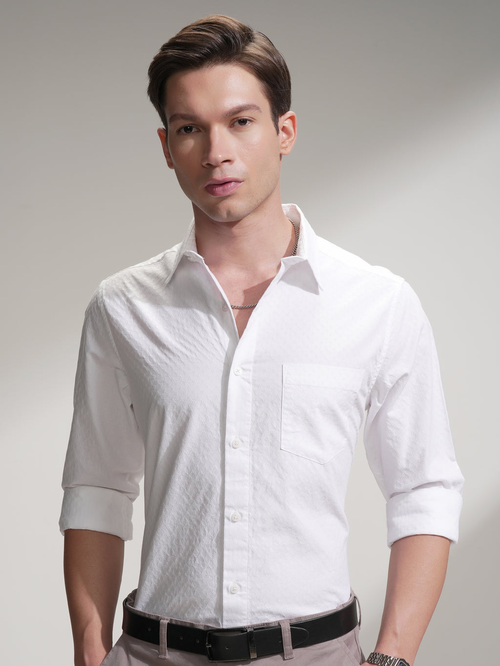 Highlander Men White Self Design Slim Fit Casual Shirt - White - Image 1