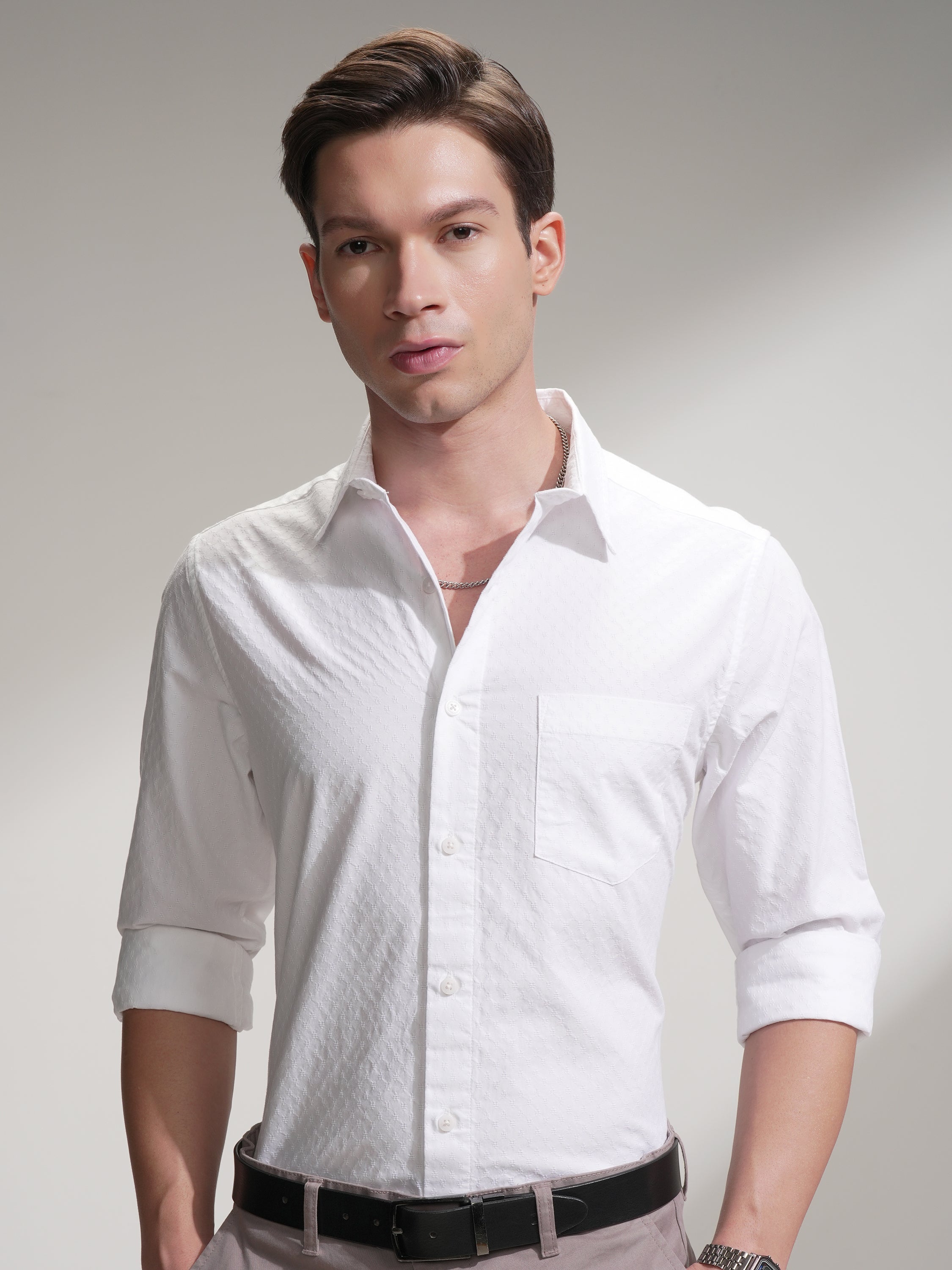 Highlander Men White Self Design Slim Fit Casual Shirt - White - Image 1