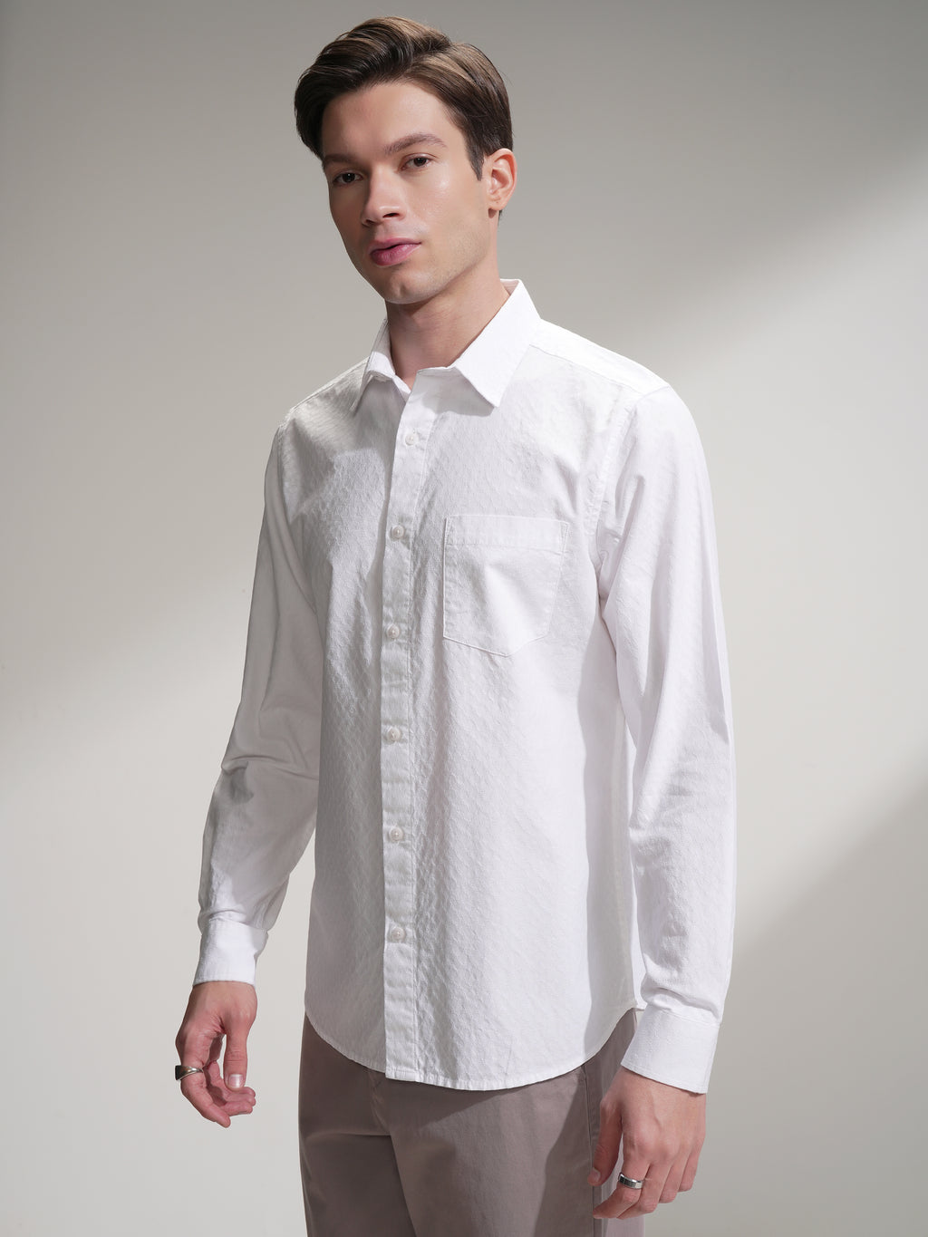 Highlander Men White Self Design Slim Fit Casual Shirt - White - Image 4