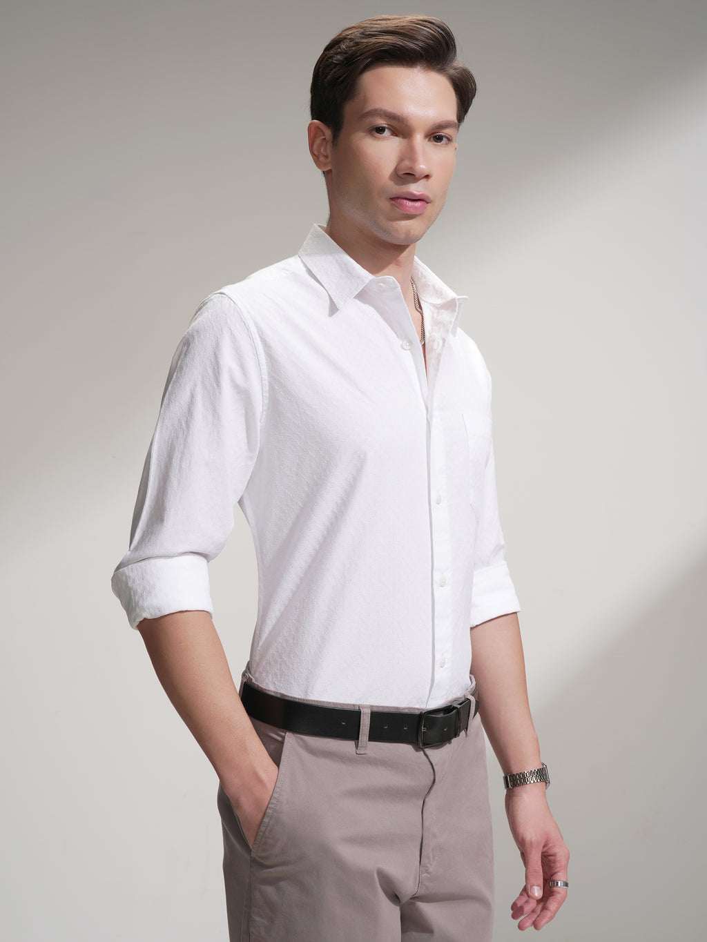 Highlander Men White Self Design Slim Fit Casual Shirt - White - Image 6