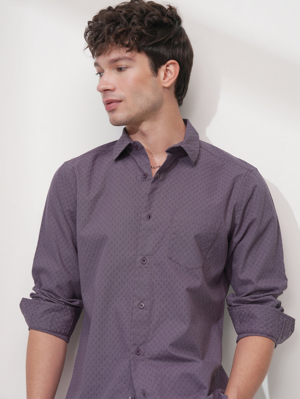 Highlander Men Purple Self Design Slim Fit Casual Shirt - Purple - Image 1