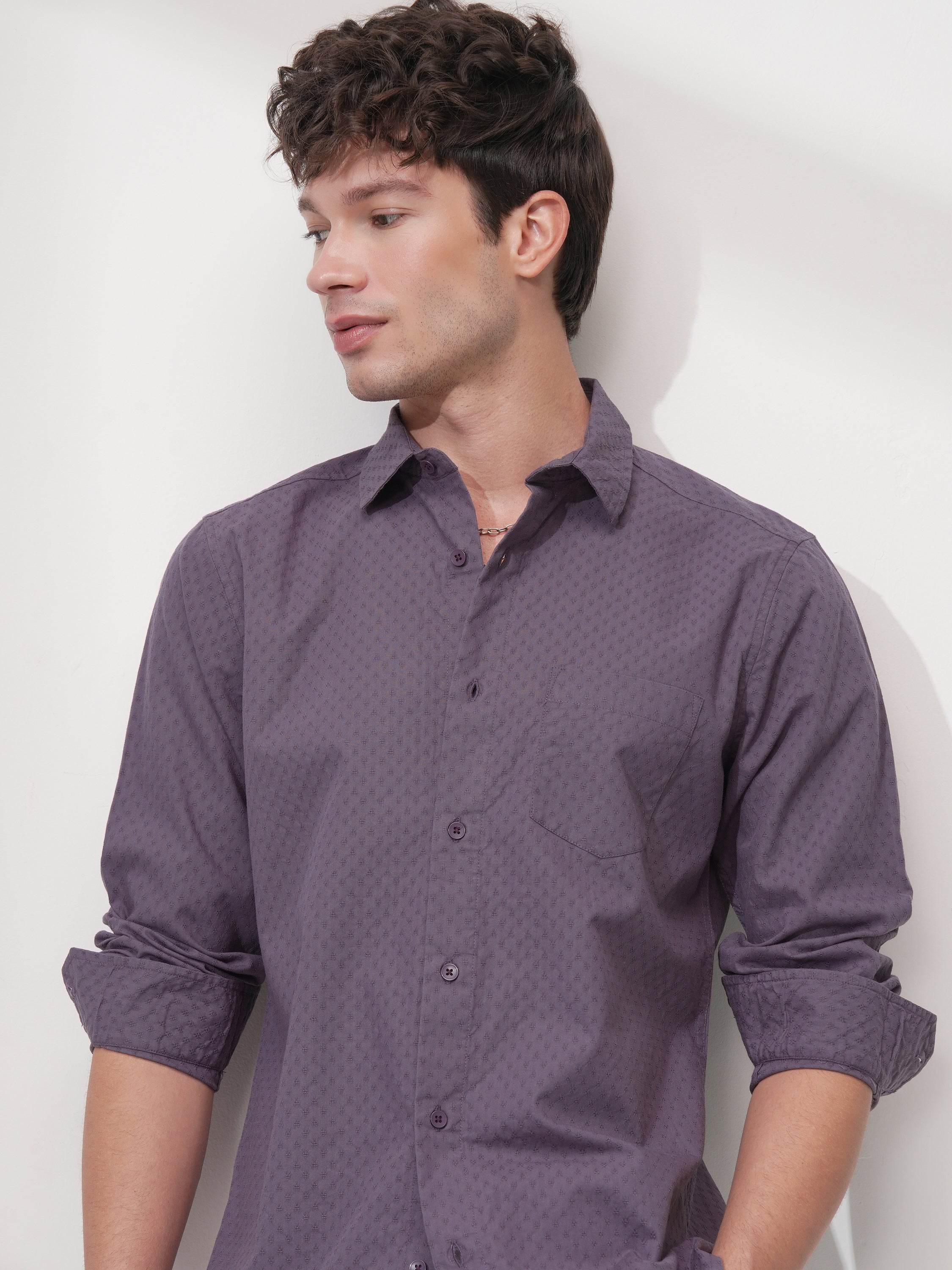 Highlander Men Purple Self Design Slim Fit Casual Shirt - Purple - Image 1