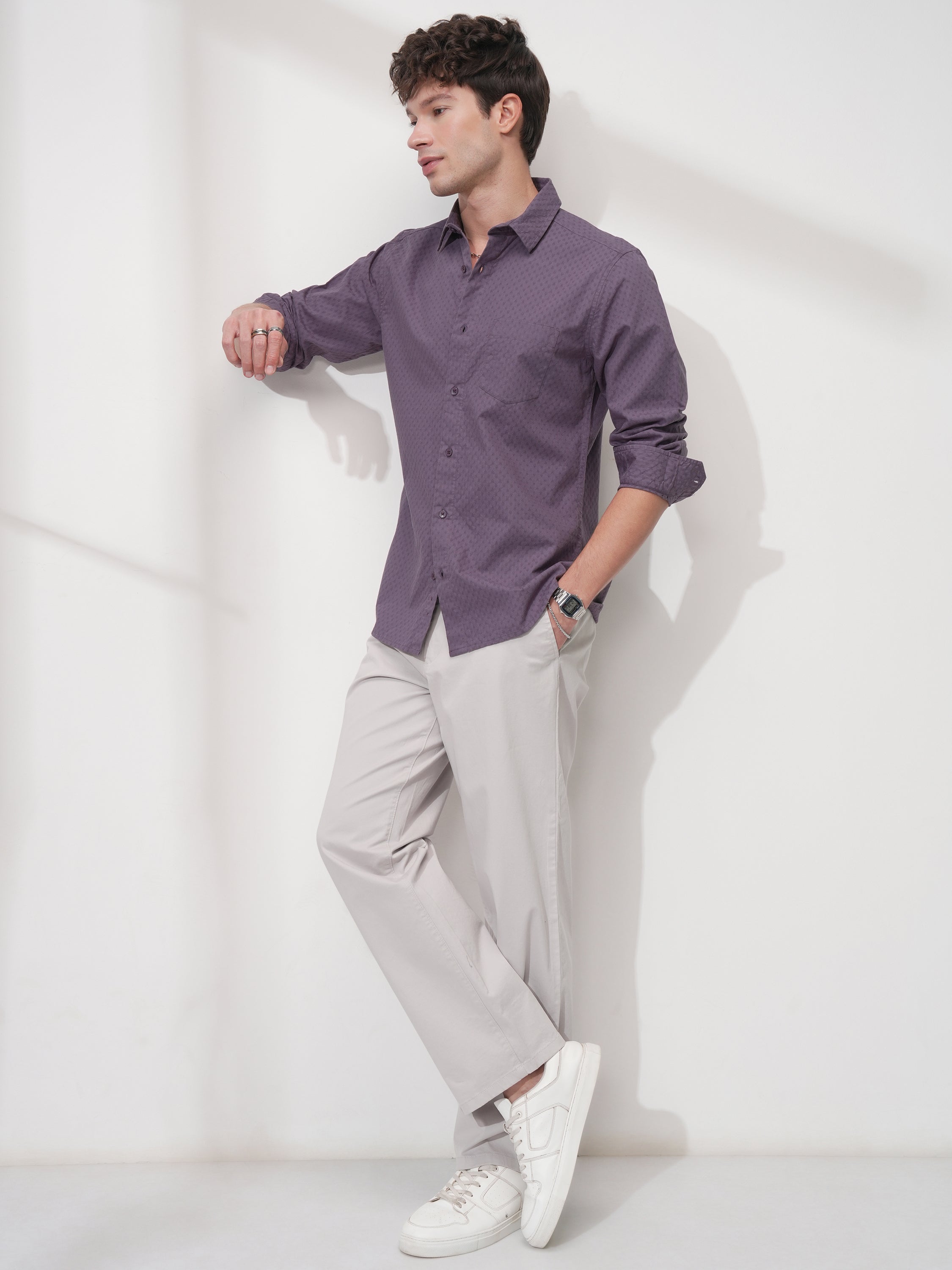 Highlander Men Purple Self Design Slim Fit Casual Shirt - Purple - Image 2