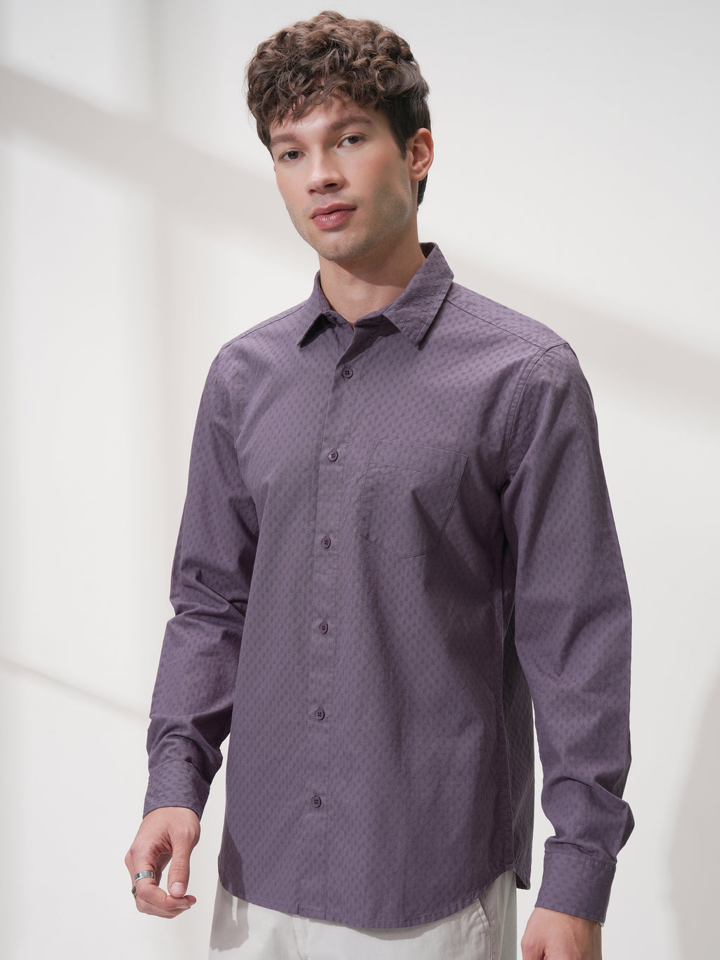 Highlander Men Purple Self Design Slim Fit Casual Shirt - Purple - Image 4